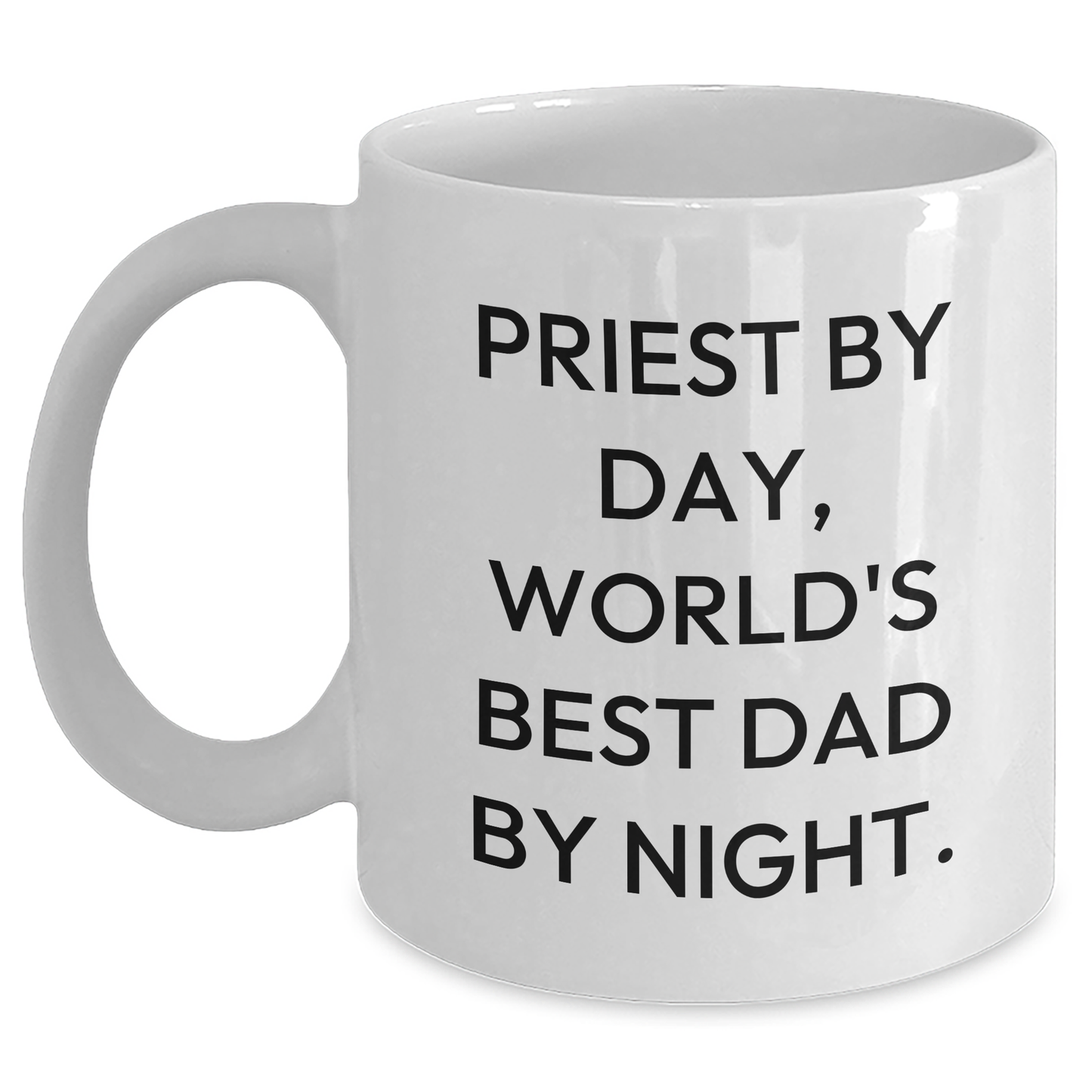 Funny Priest Gifts, 'Priest By Day, World's Best Dad By Night.' White Coffee Mugs for Father's Day, Gifts from Men, Women, or Friends - Main