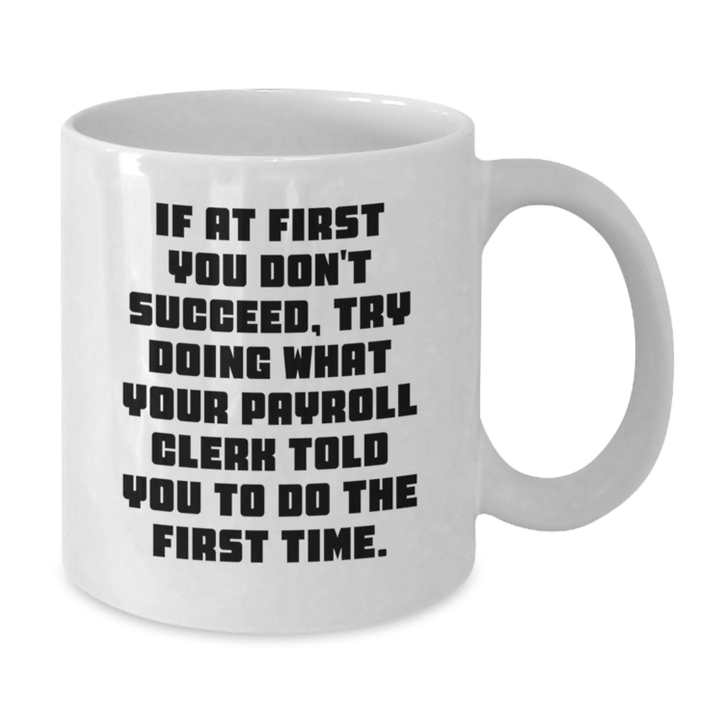 Funny Payroll Clerk Gifts, White Coffee Mug for Birthday, 'If At First You Don't Succeed, Try Doing What Your Payroll Clerk Told You To Do The First Time.' from Friends or Coworkers to Payroll Clerk - Additional