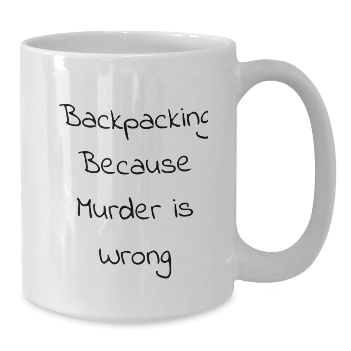 Funny Backpacking Gifts for Christmas - White Coffee Mug - 'Backpacking Because Murder Is Wrong' - Additional