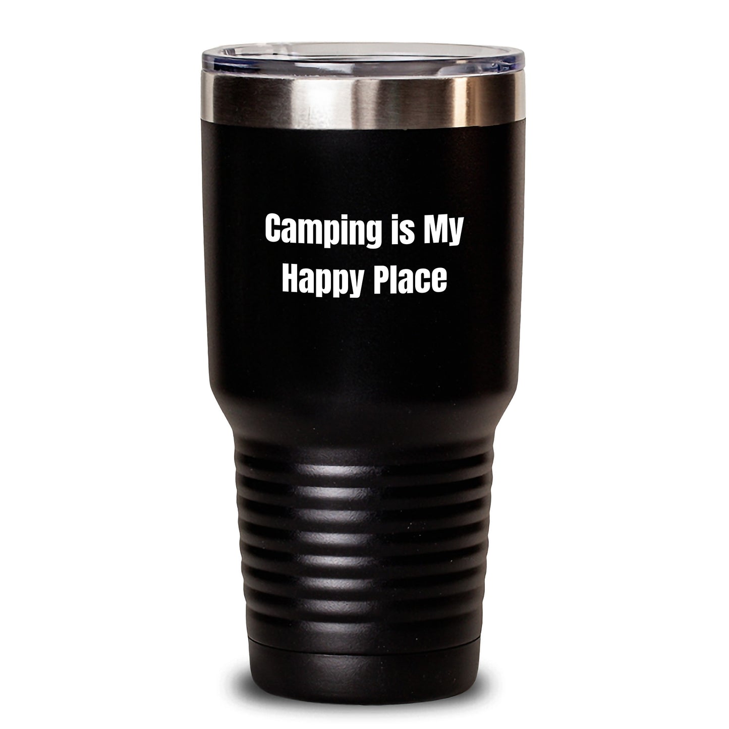 Camping Gifts for Her - 'Camping Is My Happy Place' Funny Tumbler for Women, 20oz or 30oz Black Stainless Steel Tumbler Gifts from Mom to Daughter for Mother's Day - Main
