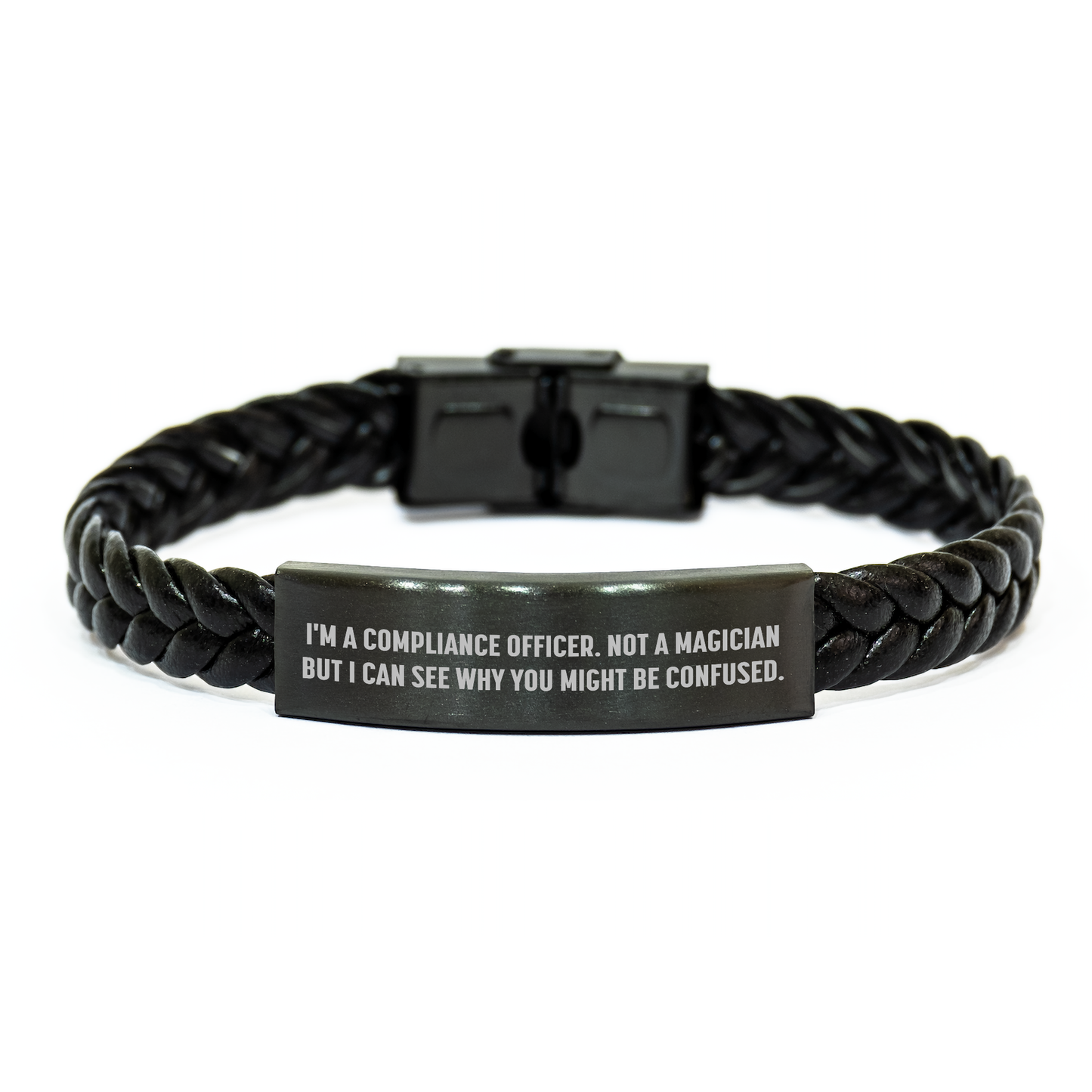 Compliance Officer Gifts from Friends, Unique Interlaced Leather Bracelet, 'I'm A Compliance Officer. Not A Magician But I Can See Why You Might Be Confused.', Graduation Gifts for Men - Image 1