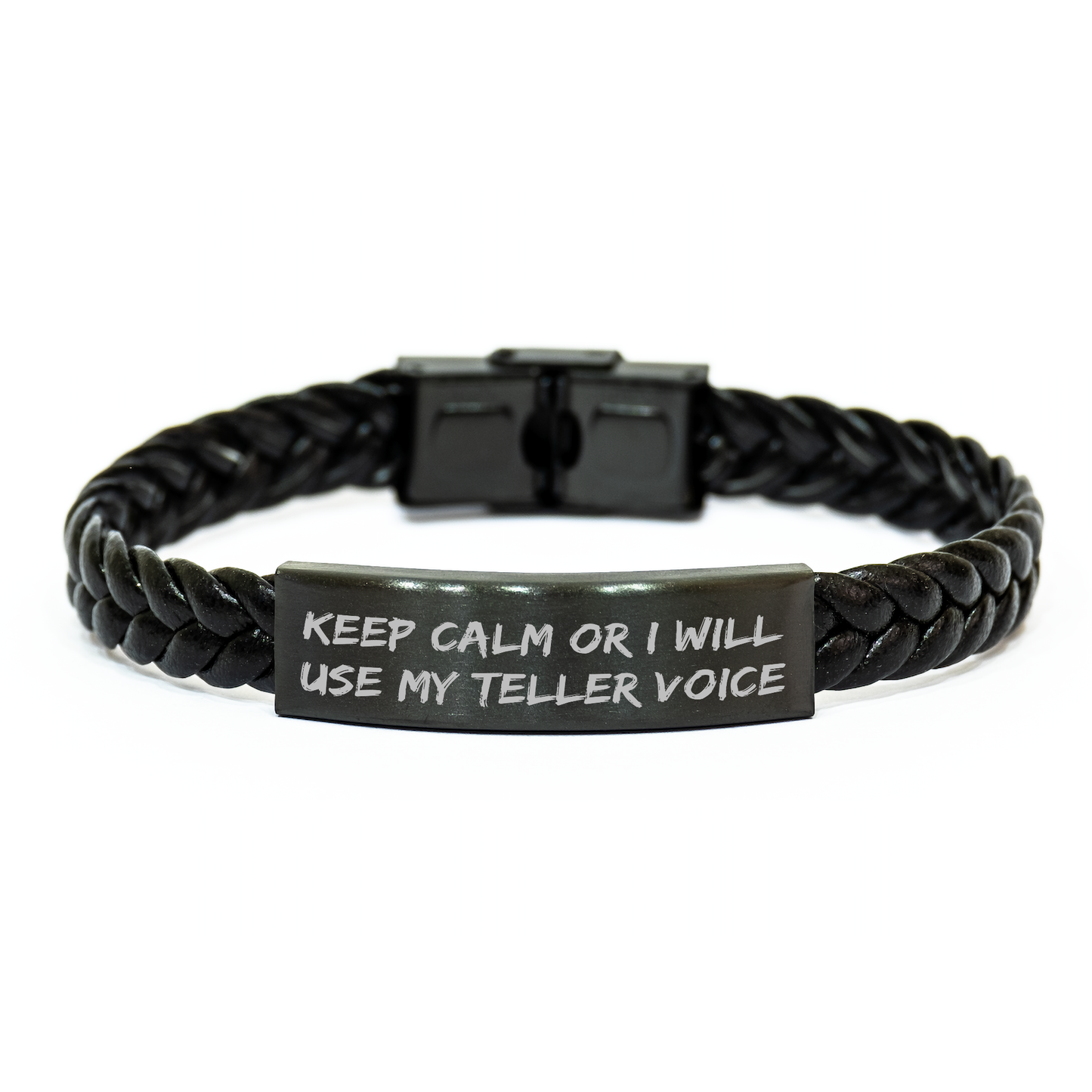 Funny Teller Gifts for Men from Friends - Interlaced Leather Bracelet with Inspirational Quote 'Keep Calm Or I Will Use My Teller Voice' for Graduation - Image 1