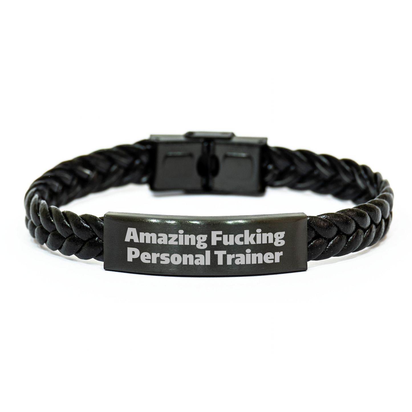 Funny Personal Trainer Gifts from Friends to Men, Unique Interlaced Leather Bracelet for Graduation, 'Amazing F--king Personal Trainer' Quote - Image 1