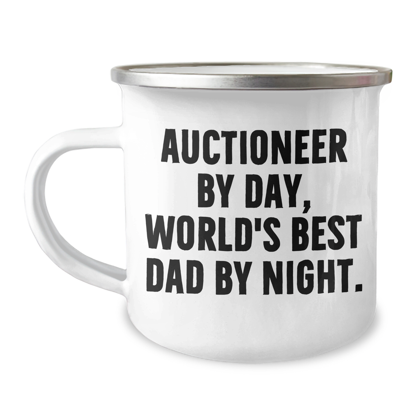 Auctioneer Gifts, Camping Mug for Father's Day, Funny Quote 'Auctioneer by Day, World's Best Dad by Night.' Gifts from Family to Men - Image 1