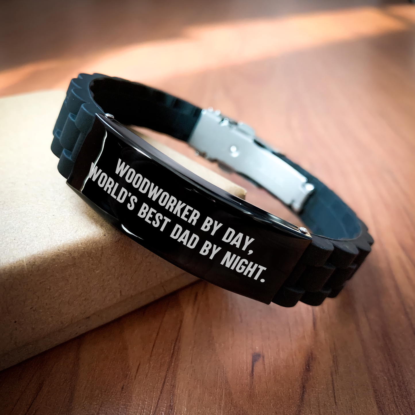 Woodworker Gifts from Dad - Funny Quote Glide lock Clasp Bracelet for Men, Adjustable Silicone and Stainless Steel, Graduation Unique Gifts for Woodworker - Image 2