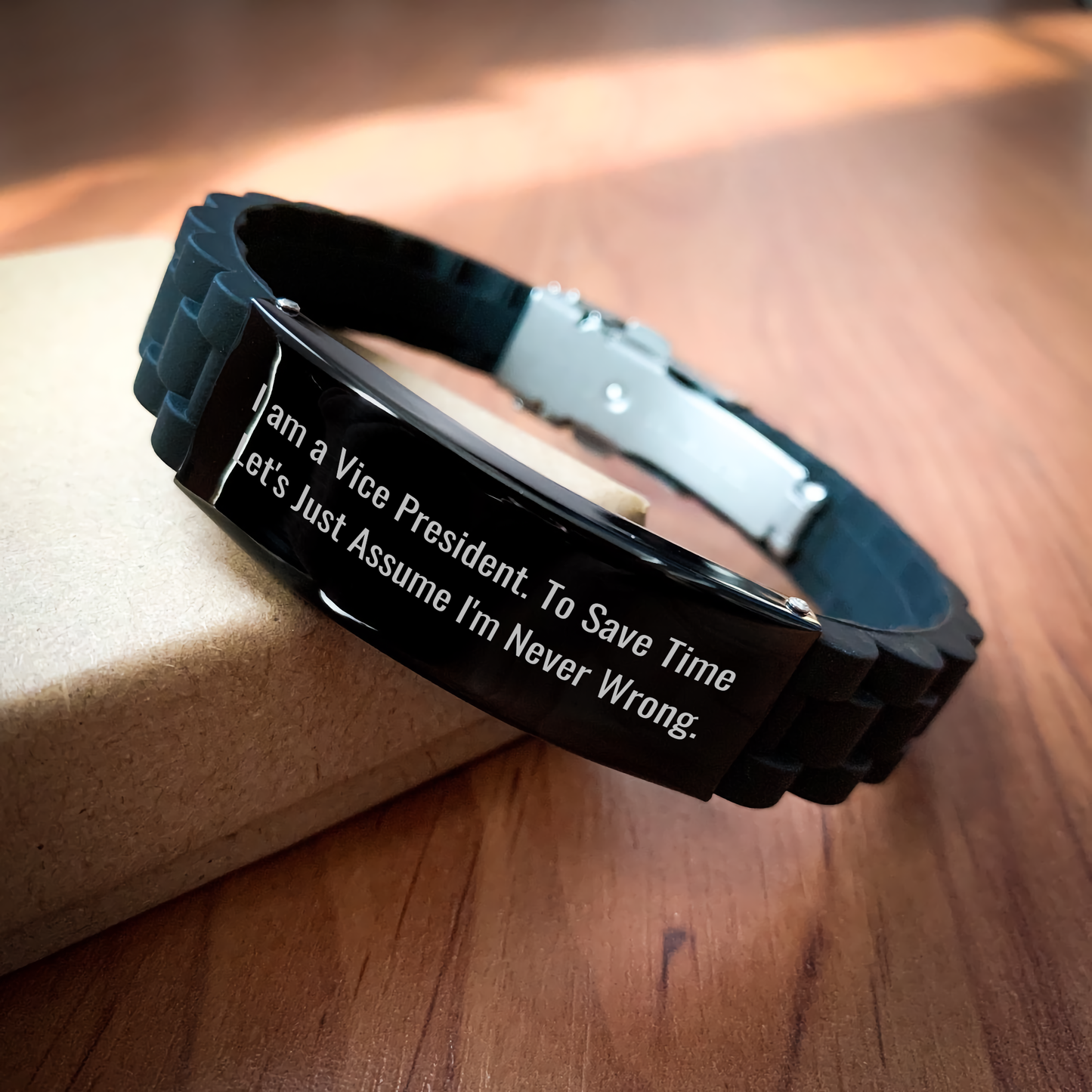 Vice President Gifts Funny Quote Glide lock Clasp Black Stainless Steel Silicone Adjustable Graduation Unique - Image 2