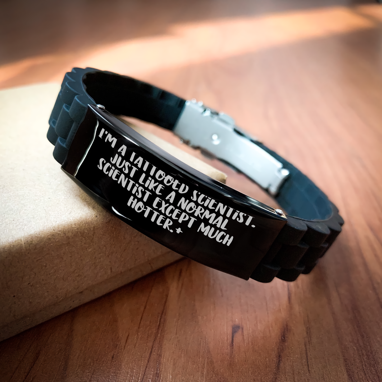 Funny Scientist Gifts, Graduation Unique Gifts for Scientist Friend - Glide lock Clasp Black Stainless Steel and Silicone Adjustable Bracelet, 'I'm A Tattooed Scientist...' Quote - Image 2