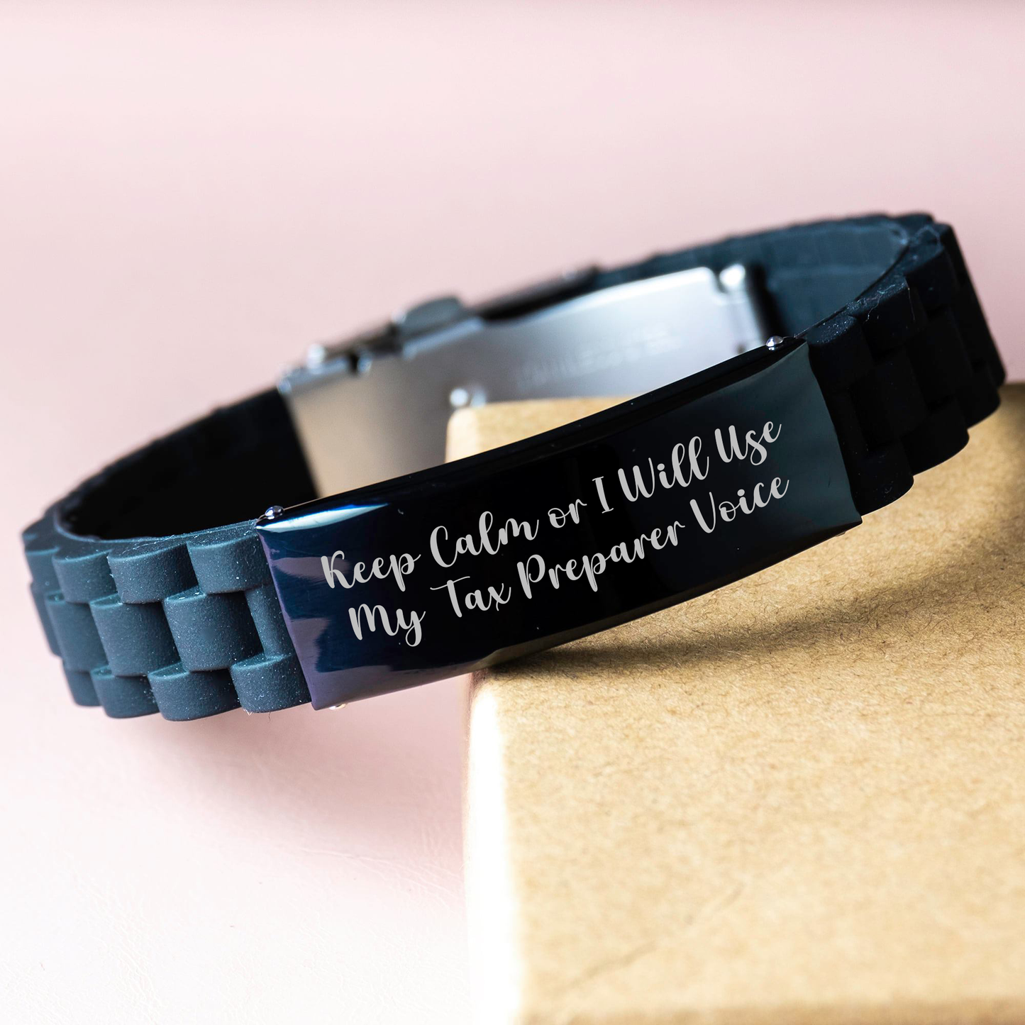 Tax Preparer Gifts from Friends, Funny Quote Glide lock Clasp Black Stainless Steel Adjustable Graduation Gift for Tax Preparer, Keep Calm or I Will Use My Tax Preparer Voice - Image 3