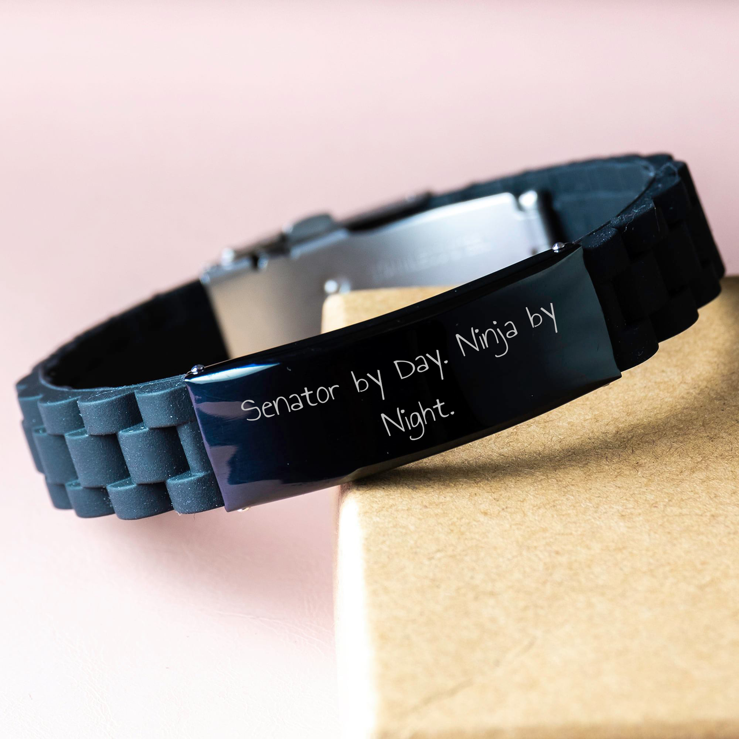 Senator By Day. Ninja By Night. - Glide lock Clasp Black Stainless Steel Silicone Adjustable Gift for Senator, Funny Quote Men's Gifts from Family, Unique Father's Day Presents - Image 3