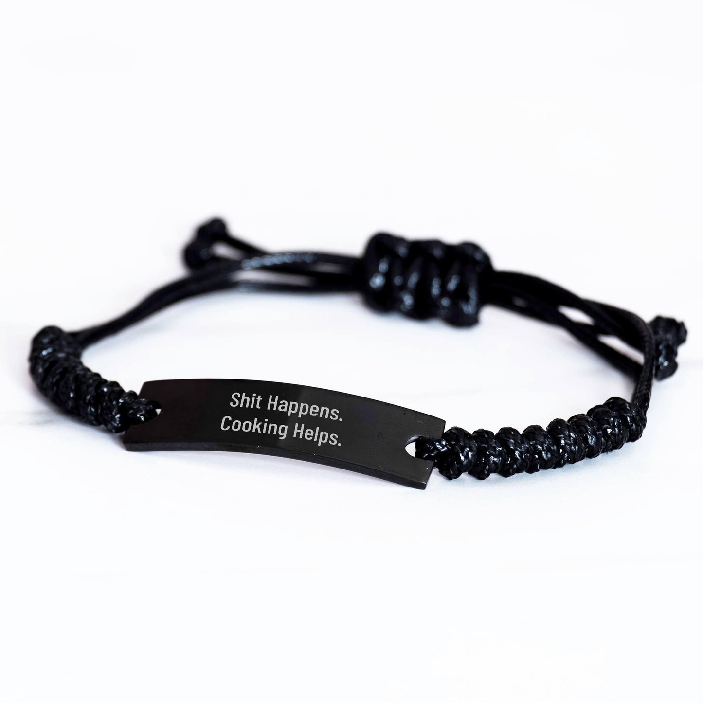 Funny Cooking Rope Bracelet for Men, Gifts from Family for Father's Day, 'Shit Happens. Cooking Helps.' Quote, Adjustable Black Rope Jewelry - Image 2