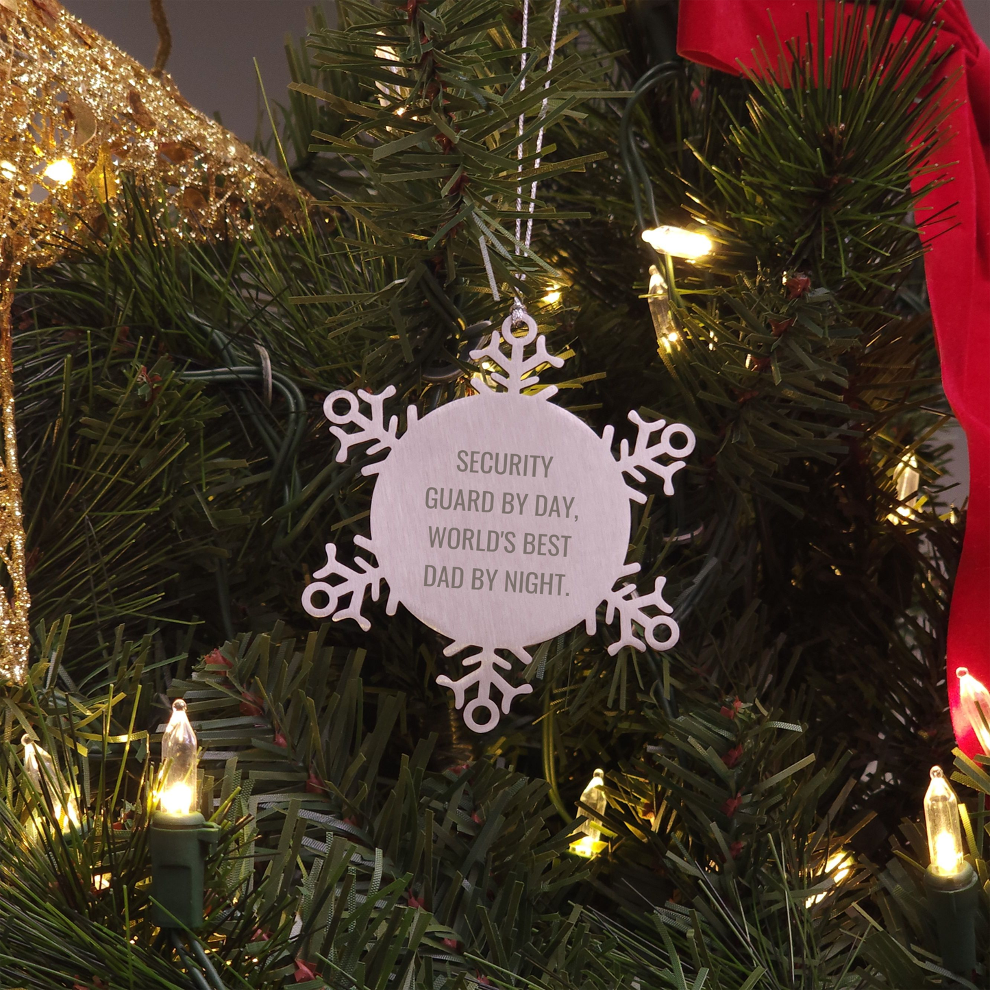 Security Guard Unique Gifts from Men for Christmas - Snowflake Ornament with 'Security Guard By Day, World's Best Dad By Night.' Quote - Image 3