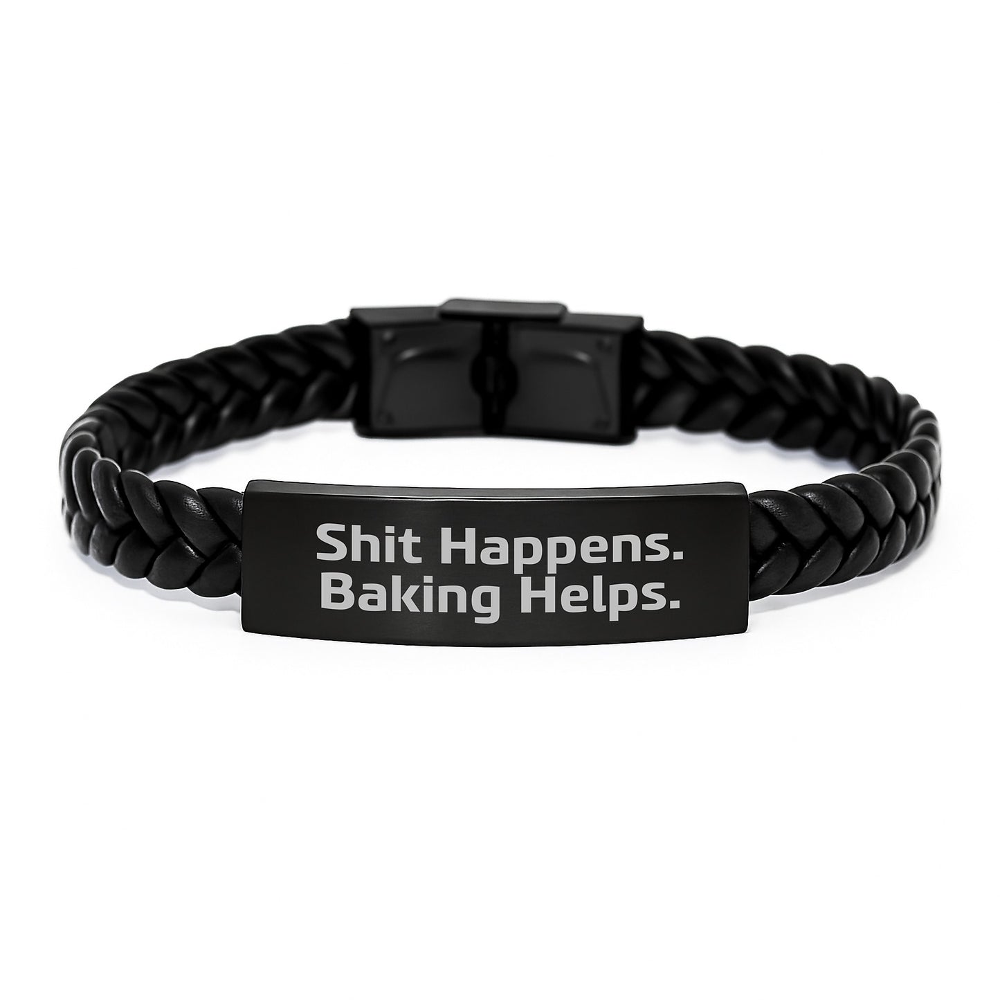 Baking Fun Gifts from Friends for Baking Enthusiasts - Shit Happens. Baking Helps. Interlaced Leather Bracelet, Birthday Unique Presents - Image 1