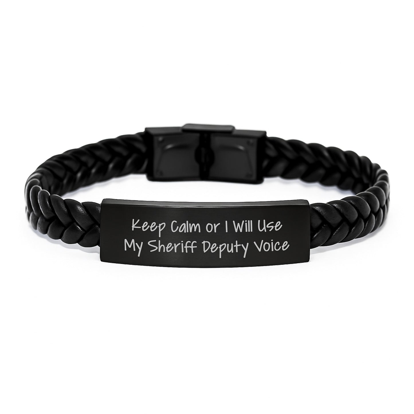 Funny Sheriff Deputy Gifts from Friends or Family - Keep Calm Or I Will Use My Sheriff Deputy Voice Interlaced Leather Necklace for Birthday, Sheriff Deputy Appreciation Day, or Sheriff Deputy Week - Image 1