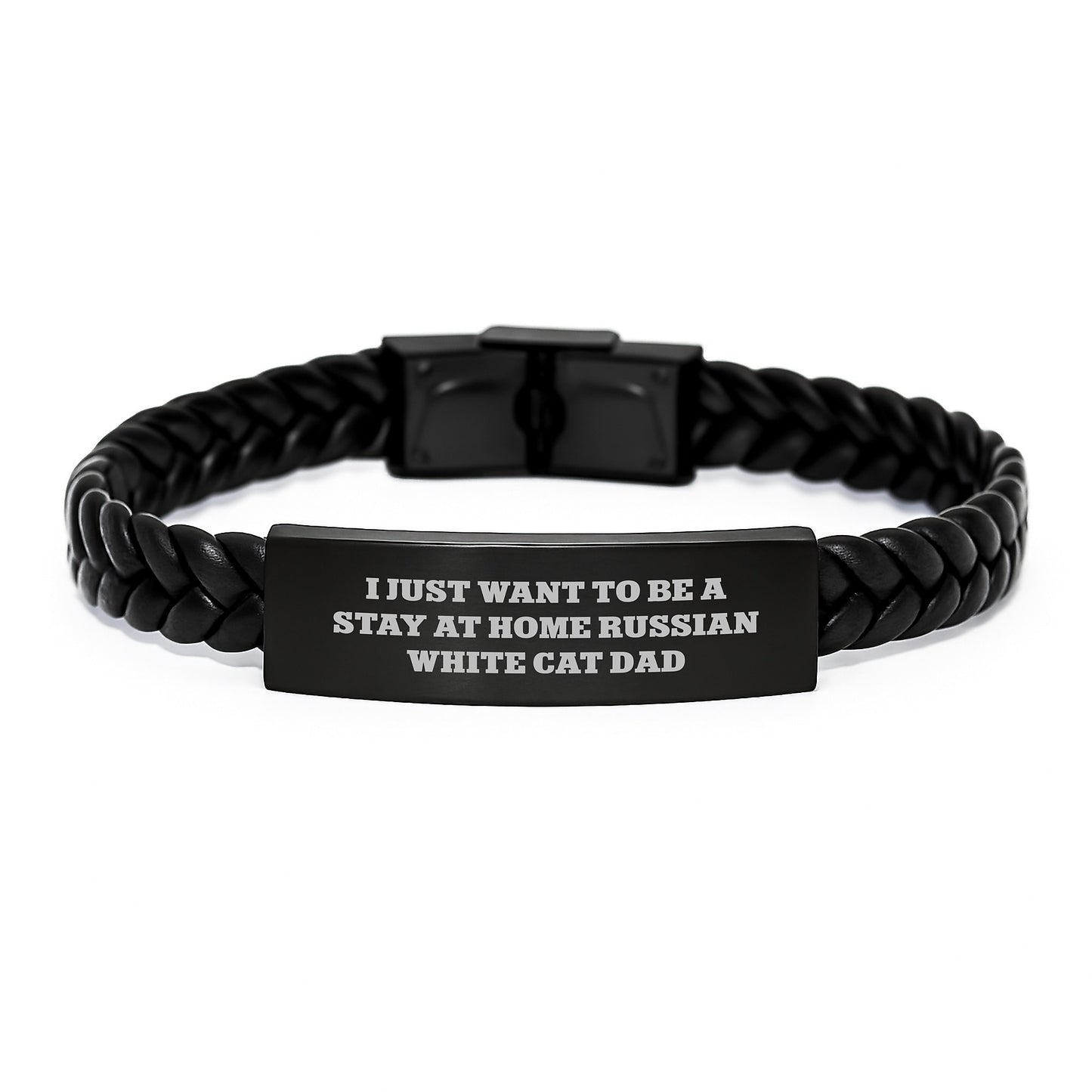 Russian White Cat Dad Gifts, Interlaced Leather Bracelet for Men, 'I Just Want To Be A Stay At Home Russian White Cat Dad' Funny Quote, Graduation Unique Gifts from Family, Friends, Coworkers - Image 1