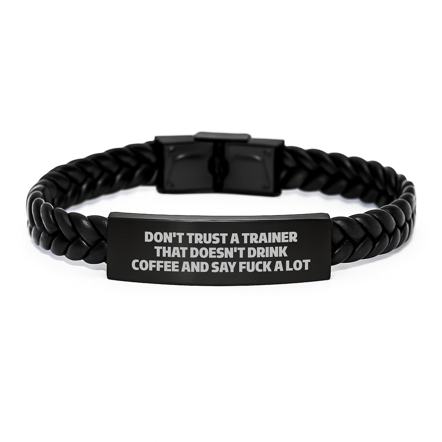 Funny Trainer Gifts, Don't Trust a Trainer That Doesn't Drink Coffee and Say 'F--k a Lot', Interlaced Leather Bracelet for Men and Women, Graduation Unique Gifts from Friends, Coworkers, Family - Image 1