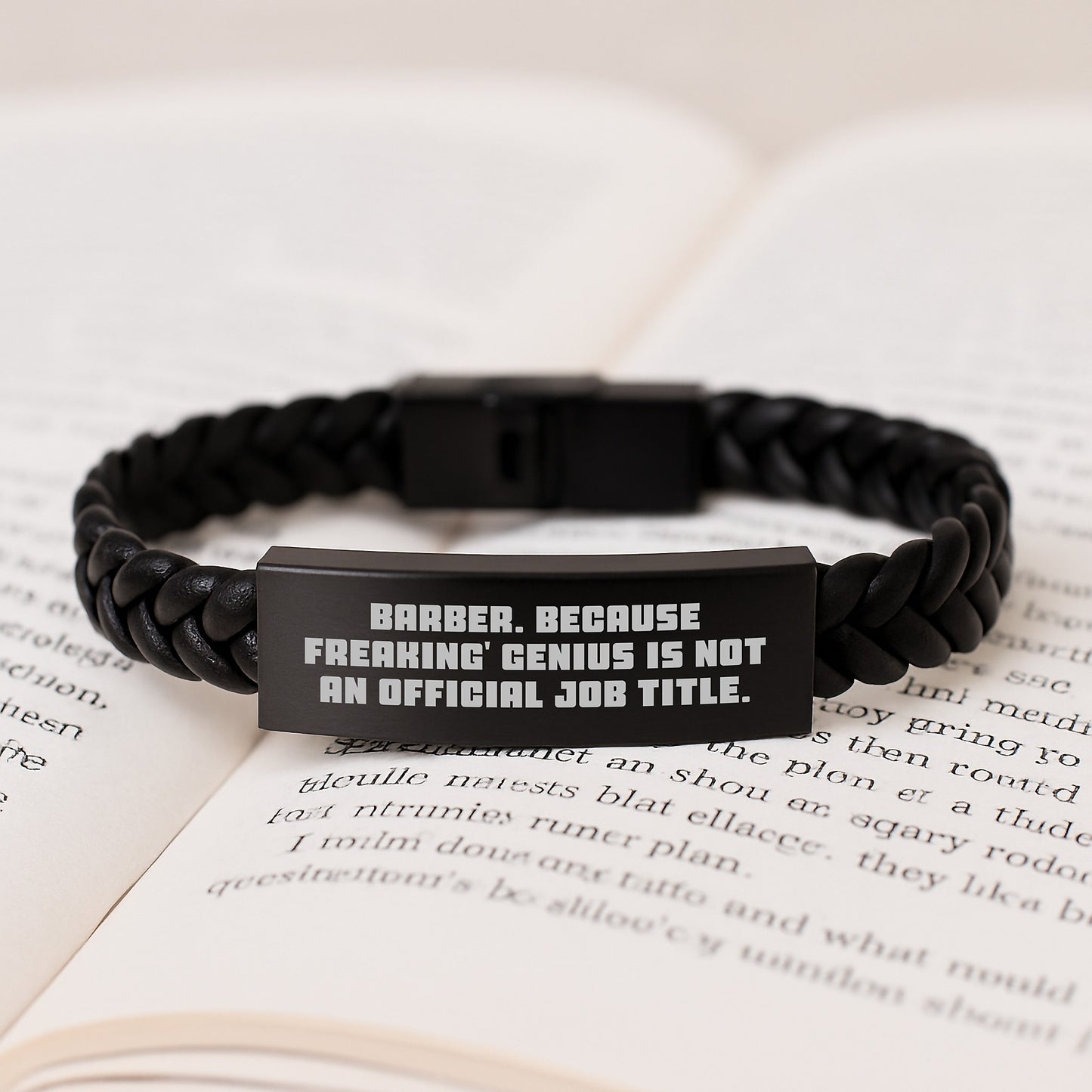 Funny Barber Gifts from Men for Men, Interlaced Leather Bracelet, 'Barber Because Freaking genius Is Not An Official Job Title.' - Image 3