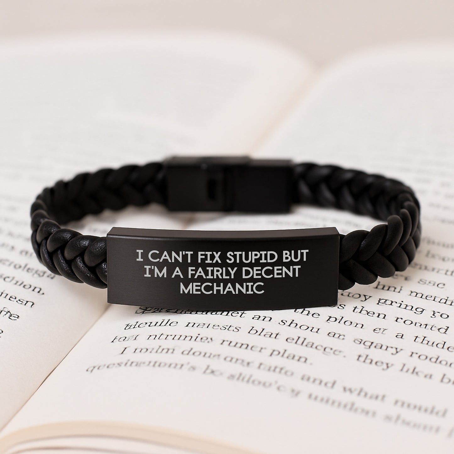 Funny Mechanic Gifts for Graduation - Interlaced Leather Bracelet from Friends or Family with Quote 'I Can't Fix Stupid But I'm A Fairly Decent Mechanic' - Image 3