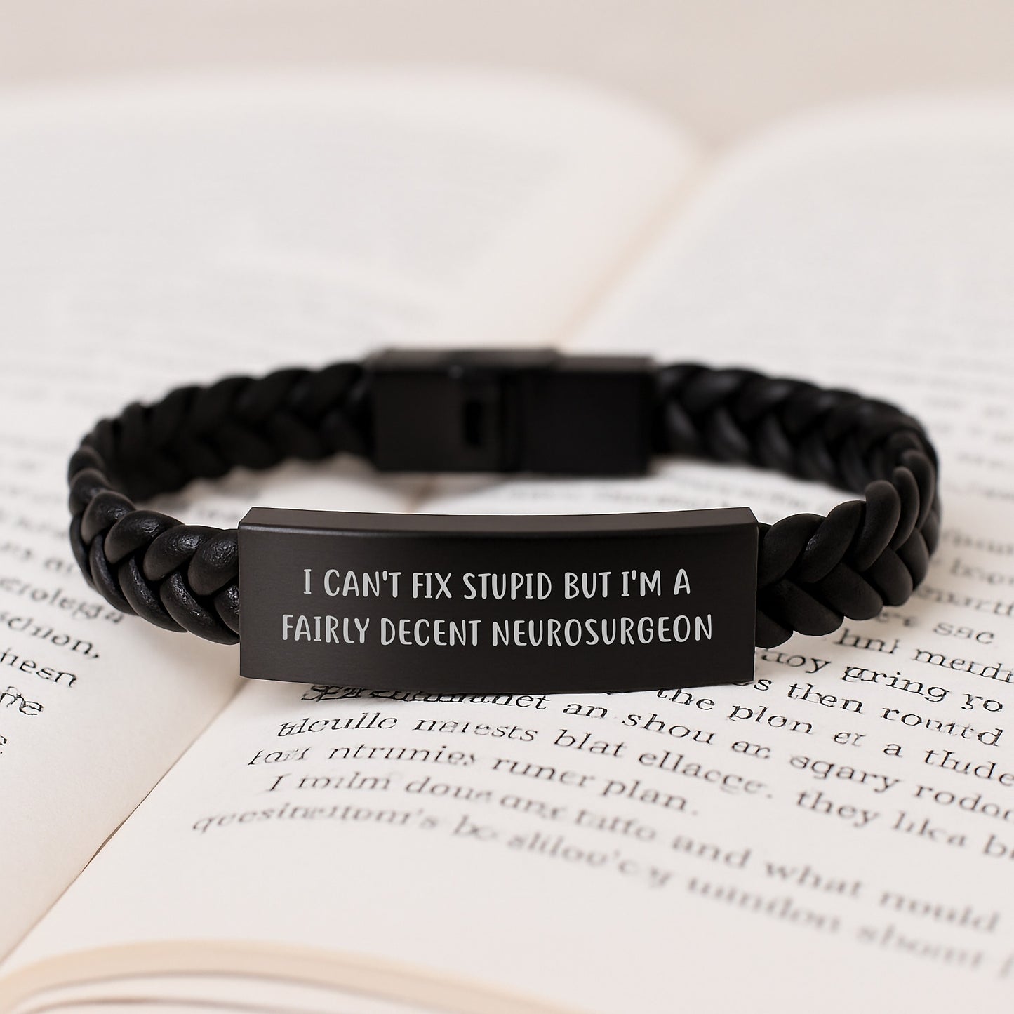 Funny Neurosurgeon Gifts from Men Friends for Graduation Unique Interlaced Leather Bracelet with I Can't Fix Stupid Quote - Image 3