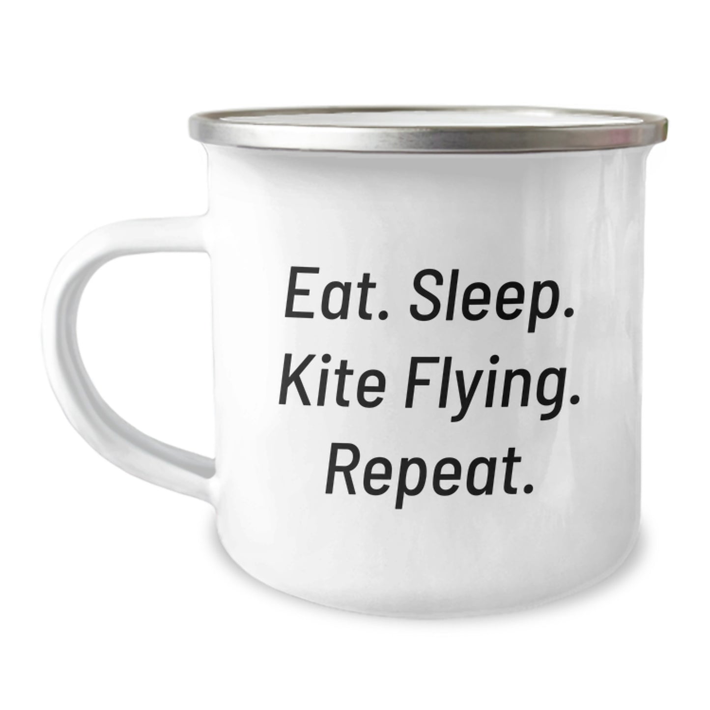 Kite Flying Gifts from Friends, Funny Camping Mug for Graduation, Eat. Sleep. Kite Flying. Repeat. Enamel Mugs for Kite Enthusiasts - Image 1