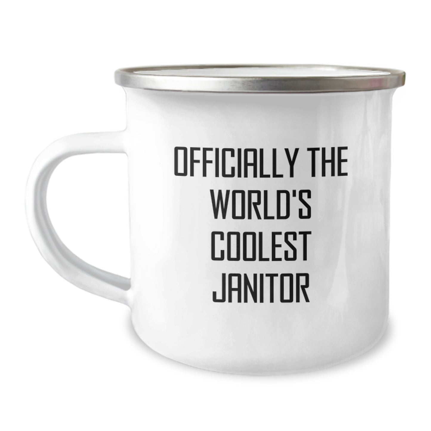Janitor Gifts, Funny Quote, Camping Mug, Birthday, Gifts from Friends, Gifts for Janitor - 'Officially The World's Coolest Janitor' Enamel Mug - Image 1