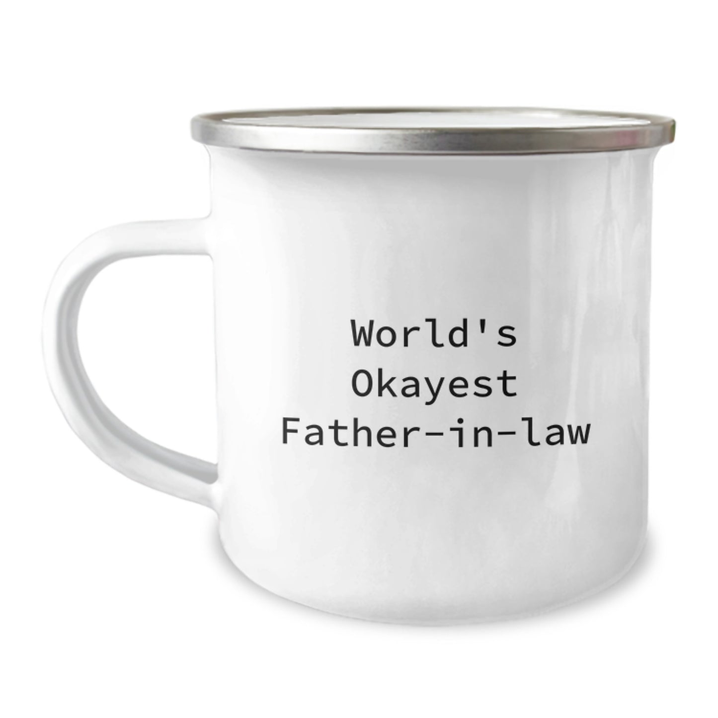 Funny Father-in-law Gifts from Men, World's Okayest Dad Mug for Birthday, Camping Mug with Enamel Finish, Perfect for Outdoor Enthusiasts, Funny Quote Inside - Image 1