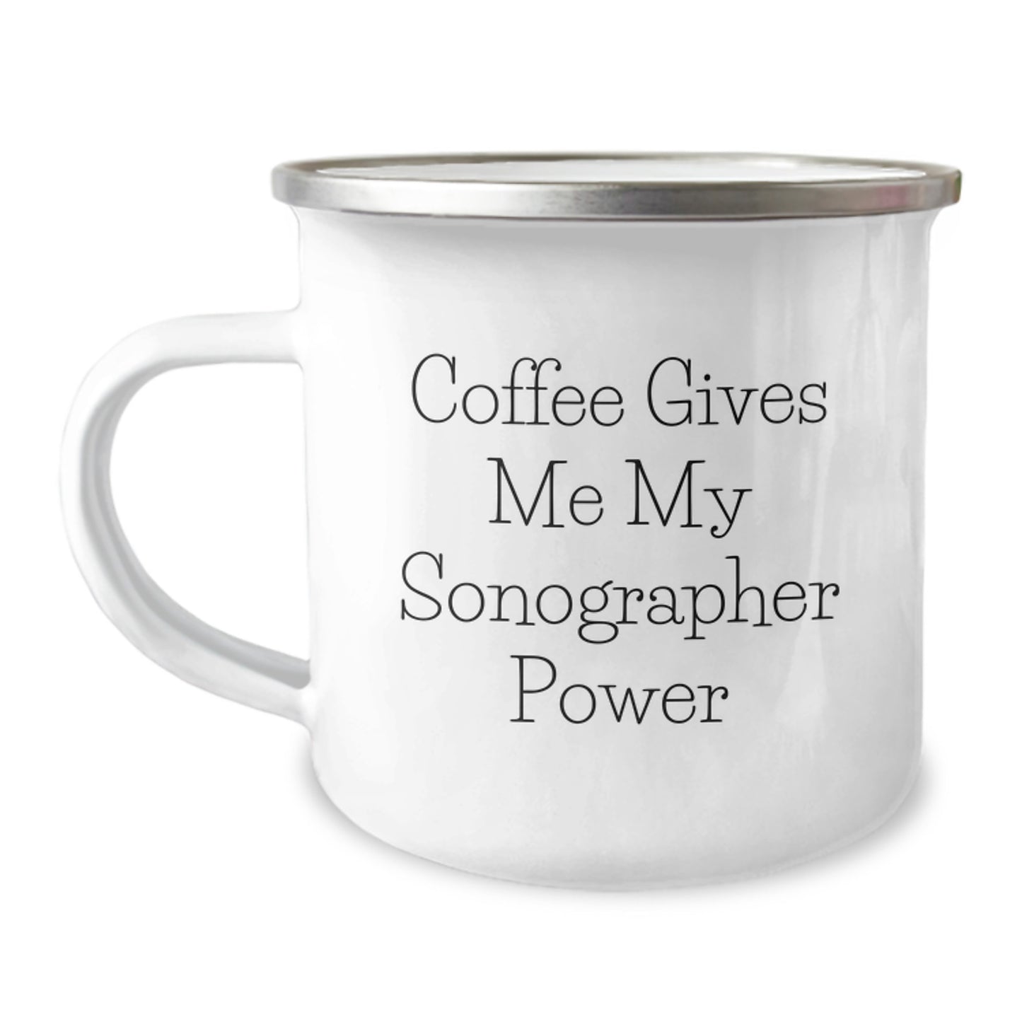 Sonographer Gifts from Family, Funny Coffee Mug for Graduation, 'Coffee Gives Me My Sonographer Power' Enamel Camping Mug - Image 1