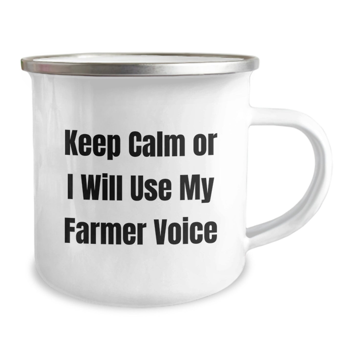 Funny Farmer Gifts from Family, Unique Camping Mug for Graduation, 'Keep Calm Or I Will Use My Farmer Voice' - 12 oz Stainless Steel with Enamel Finish - Image 2