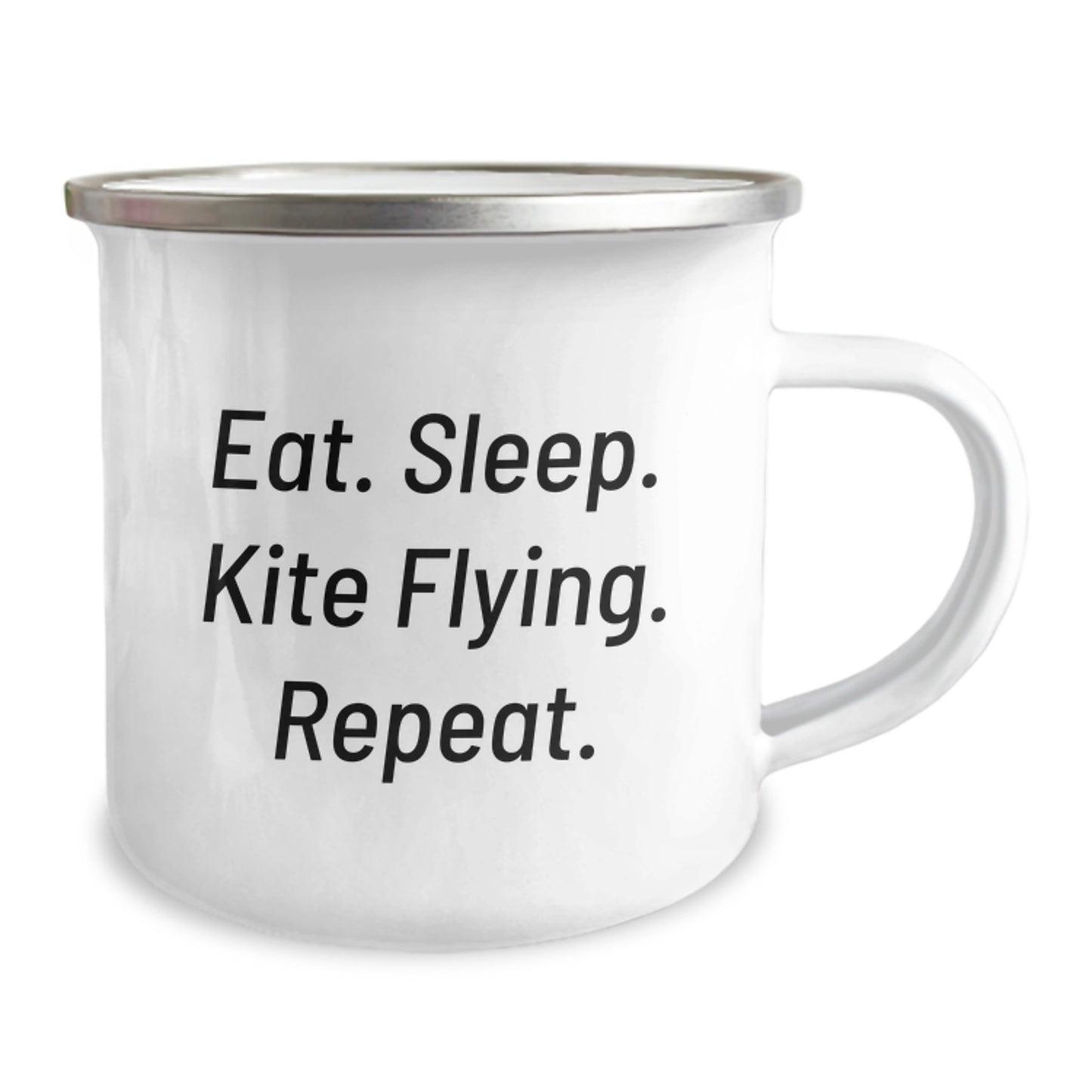 Kite Flying Gifts from Friends, Funny Camping Mug for Graduation, Eat. Sleep. Kite Flying. Repeat. Enamel Mugs for Kite Enthusiasts - Image 2