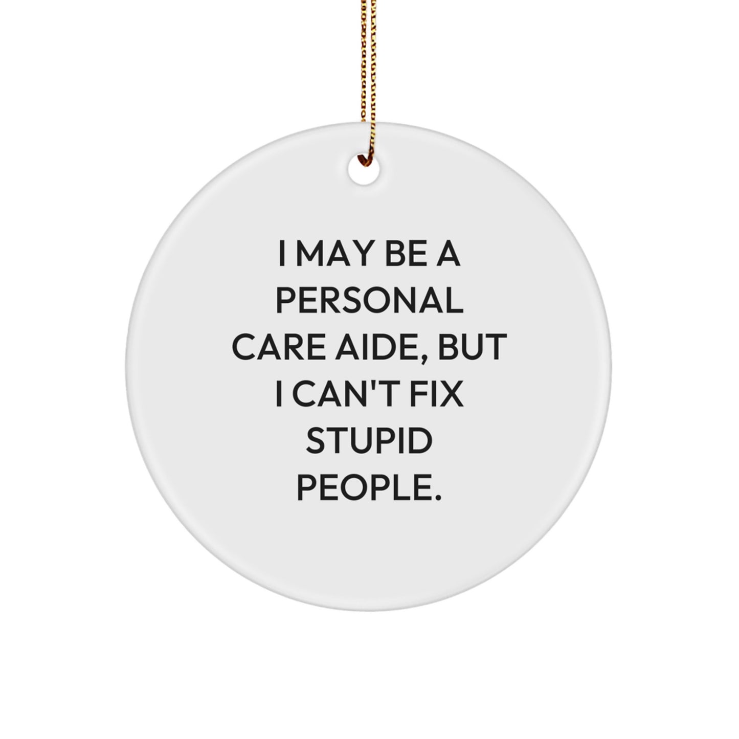 Funny Personal Care Aide Gifts from Friends for Christmas, 'I May Be A Personal Care Aide, But I Can't Fix Stupid People.' Circle Ornament - Image 1
