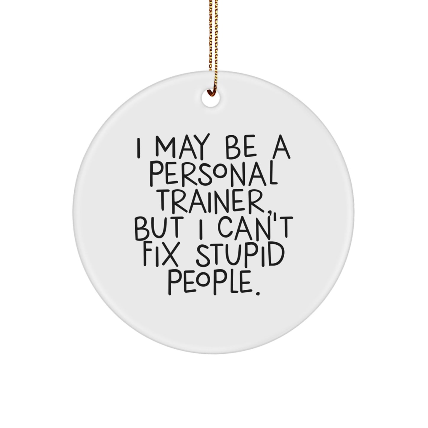 Gifts from Men for Personal Trainers - Funny Christmas Circle Ornament with I May Be A Personal Trainer, But I Can't Fix Stupid People. - Image 1