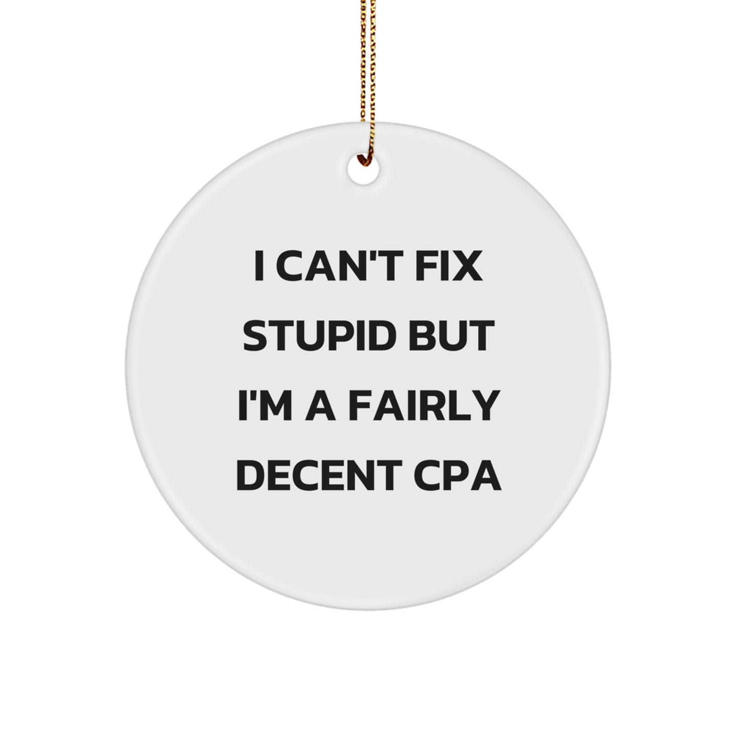 Funny CPA Gifts, I Can't Fix Stupid But I'm A Fairly Decent Cpa Circle Ornament for Men, Women, or Friends, Christmas Unique Gifts from Family, Coworkers, or Friends - Image 1