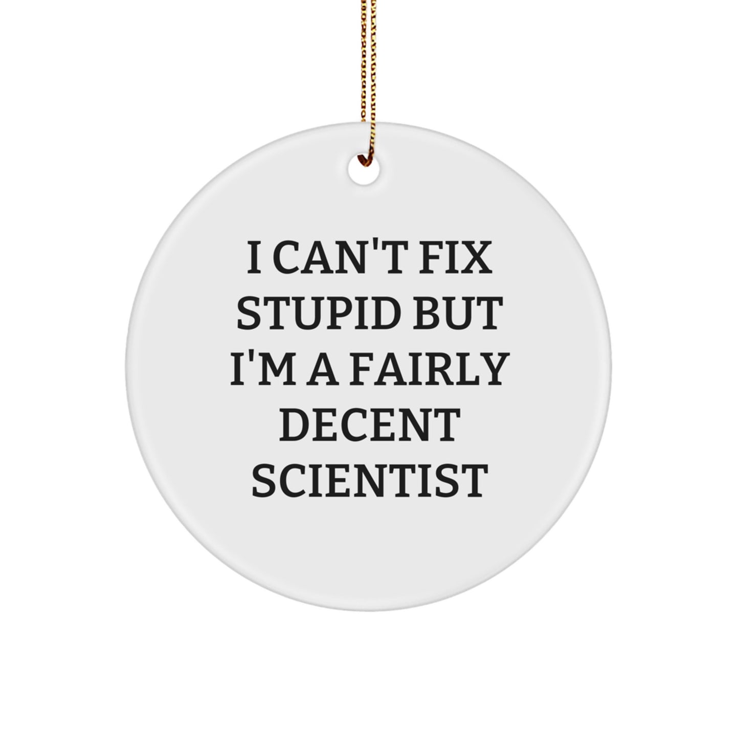 Funny Scientist Gifts from Friends, Coworkers, or Family - 'I Can't Fix Stupid But I'm A Fairly Decent Scientist' Circle Ornament for Christmas - Image 1