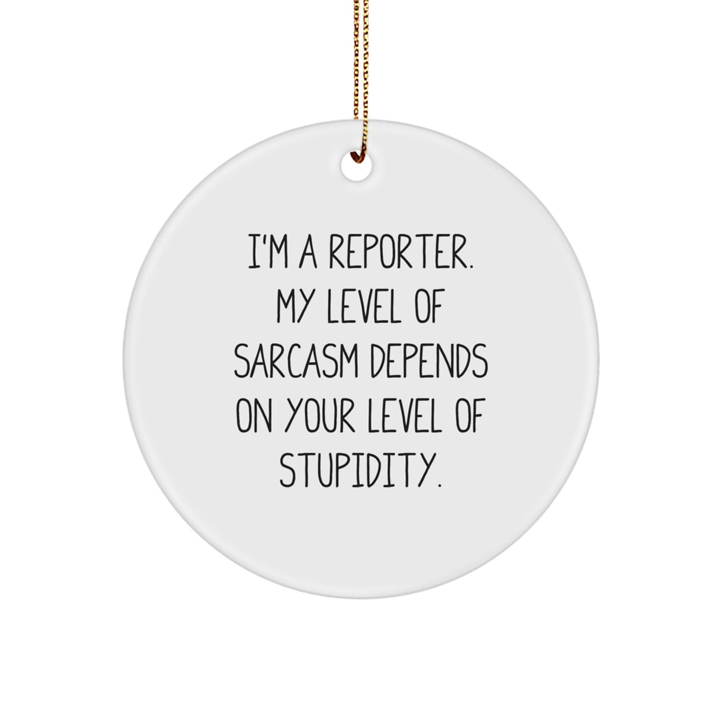 Funny Reporter Gifts for Him, 'I'm A Reporter. My Level Of Sarcasm Depends On Your Level Of Stupidity.' Circle Ornament, Gifts from Men to Friends, Family, Coworkers for Christmas Unique Presents - Image 1