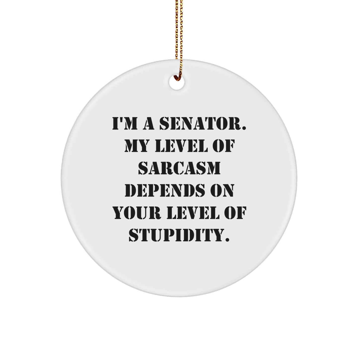 Funny Senator Gifts for Christmas - 'I'm A Senator. My Level Of Sarcasm Depends On Your Level Of Stupidity.' Circle Ornament, Gifts from Friends to Family - Image 1
