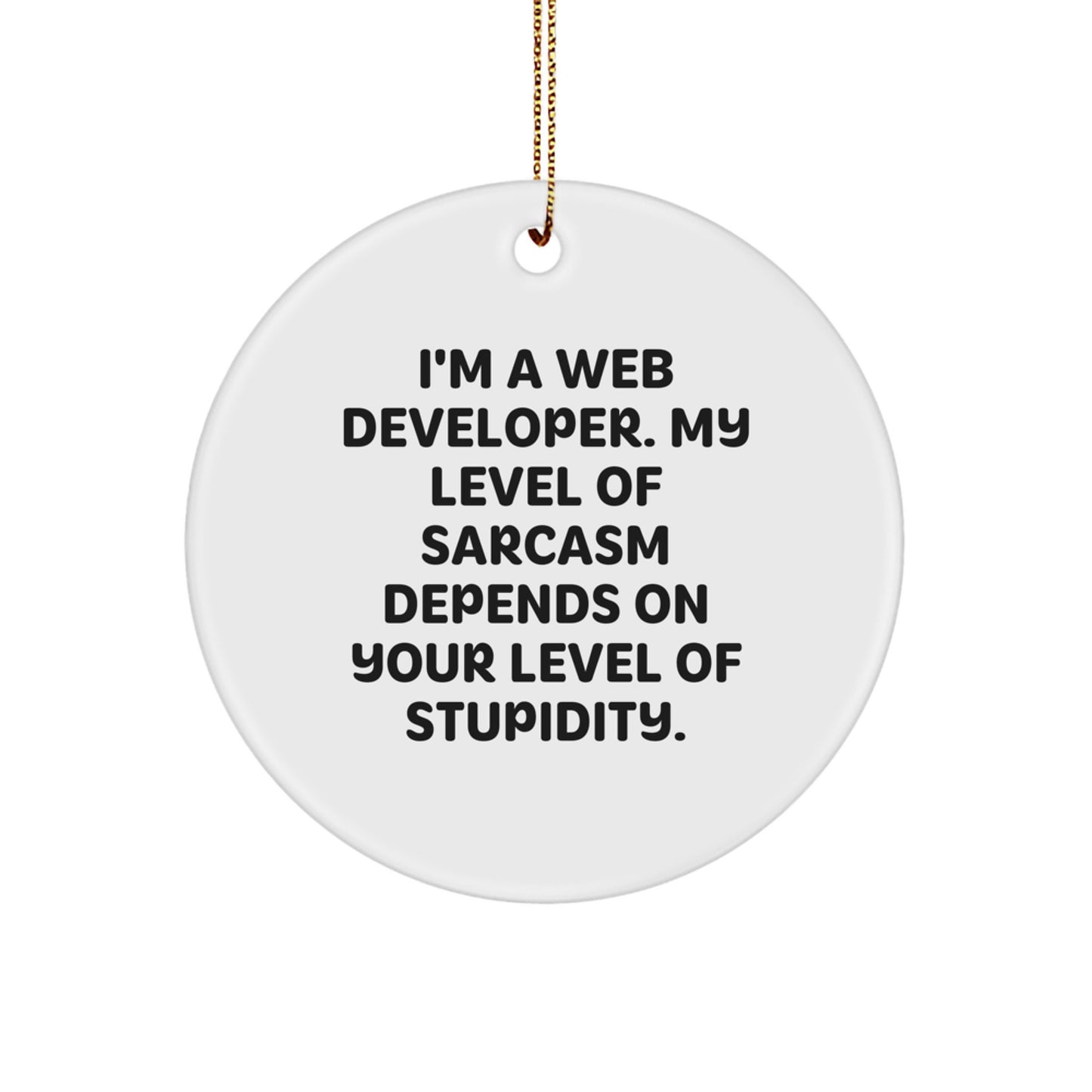 Funny Web Developer Gifts - I'm A Web Developer. My Level Of Sarcasm Depends On Your Level Of Stupidity. Circle Ornament for Men, Women, Friends, Coworkers, and Family at Christmas - Image 1