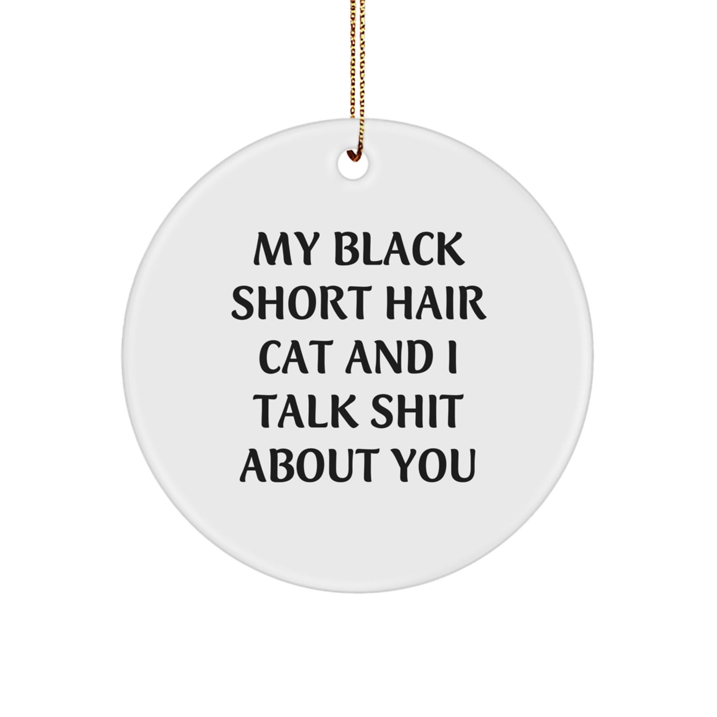 Black Short Hair Cat Lover's Funny Circle Ornament Gifts from Family for Christmas Decorations - 'My Black Short Hair Cat And I Talk Shit About You' Quote - Image 1