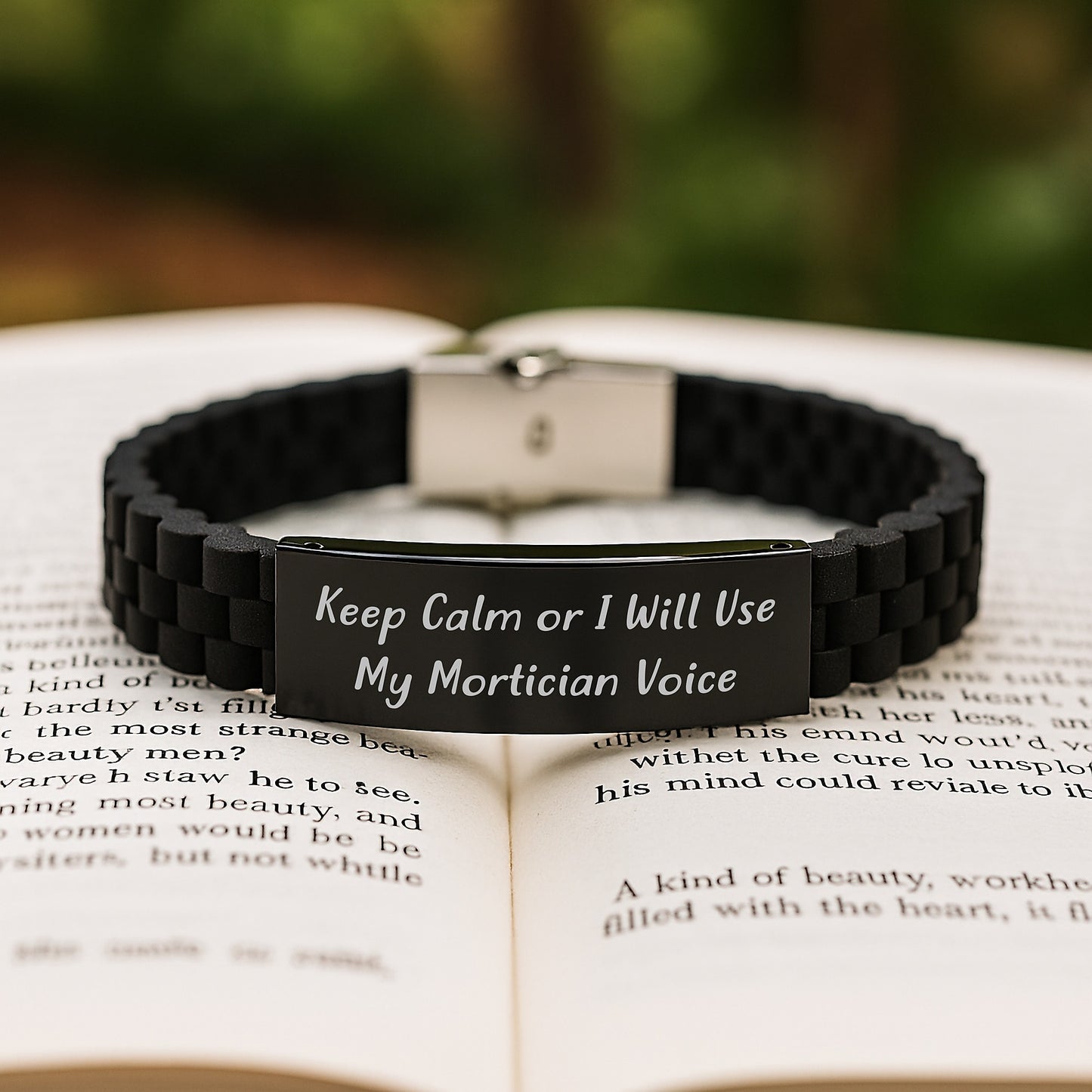 Funny Mortician Gifts from Friends - 'Keep Calm Or I Will Use My Mortician Voice' Glide lock Clasp Black Stainless Steel Silicone Adjustable Birthday Unique Gifts for Mortician Men Women - Image 2