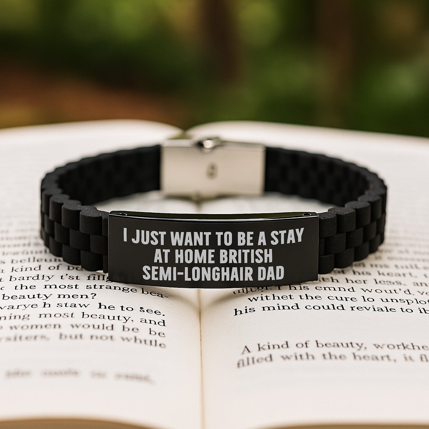 British Semi-Longhair Cat Dad Gifts, Funny Quote Glide lock Clasp Bracelet for Men, Unique Graduation Gifts from Family, Adjustable Silicone Black Stainless Steel Silver Charm - Image 2