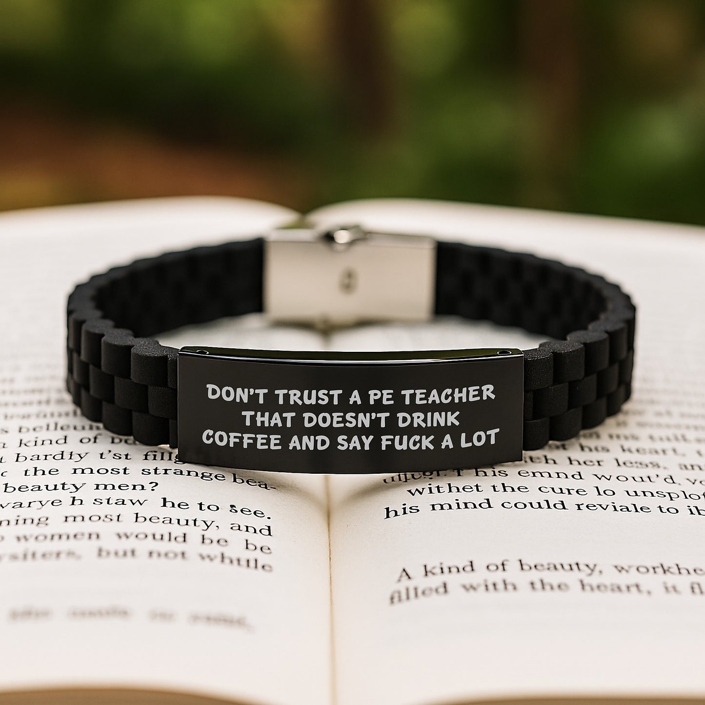 Funny PE Teacher Gifts for Men, 'Don't Trust A Pe Teacher That Doesn't Drink Coffee And Say F--k A Lot' Glide lock Clasp Bracelet, Graduation Unique Gifts from Mom, Dad, Friends, Coworkers - Image 2