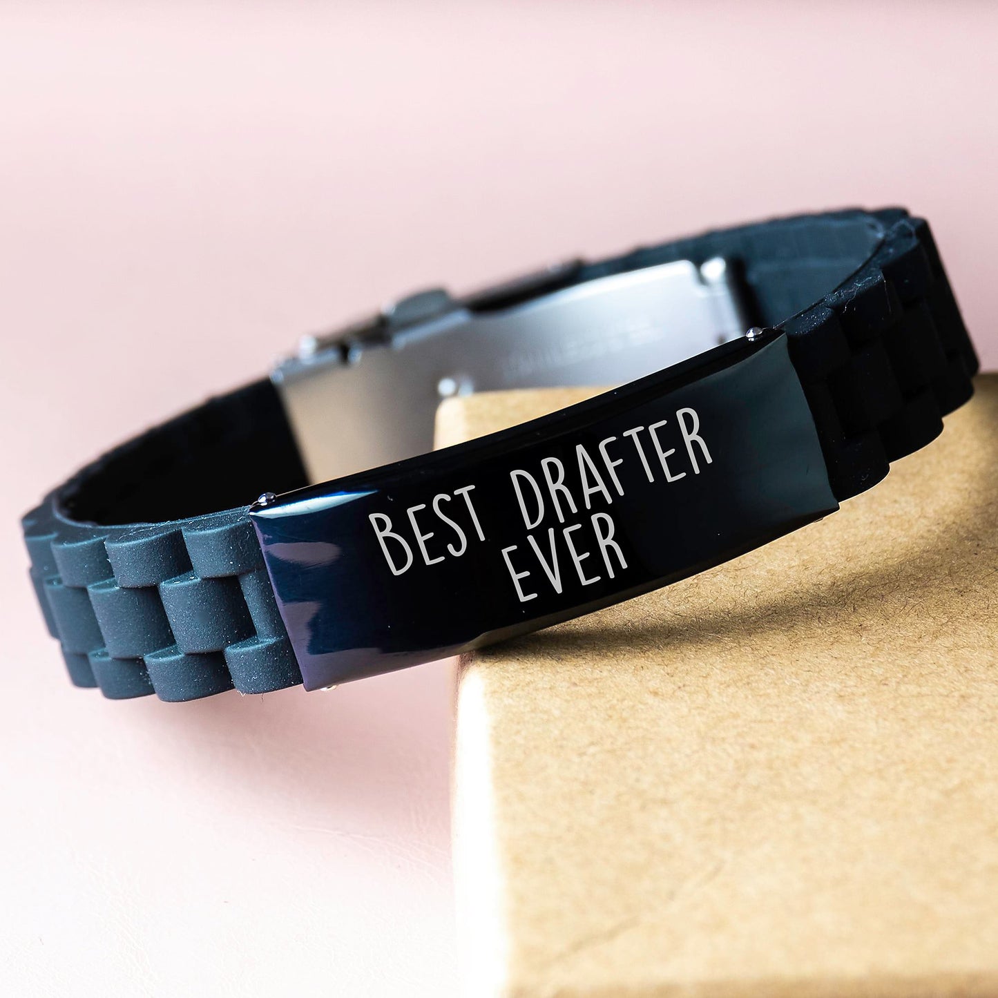 Funny Drafter Gifts, Best Drafter Ever Quote, Glide lock Clasp Adjustable Black Stainless Steel Silicone Jewelry for Men and Women, Gifts from Friends to Coworkers - Image 3