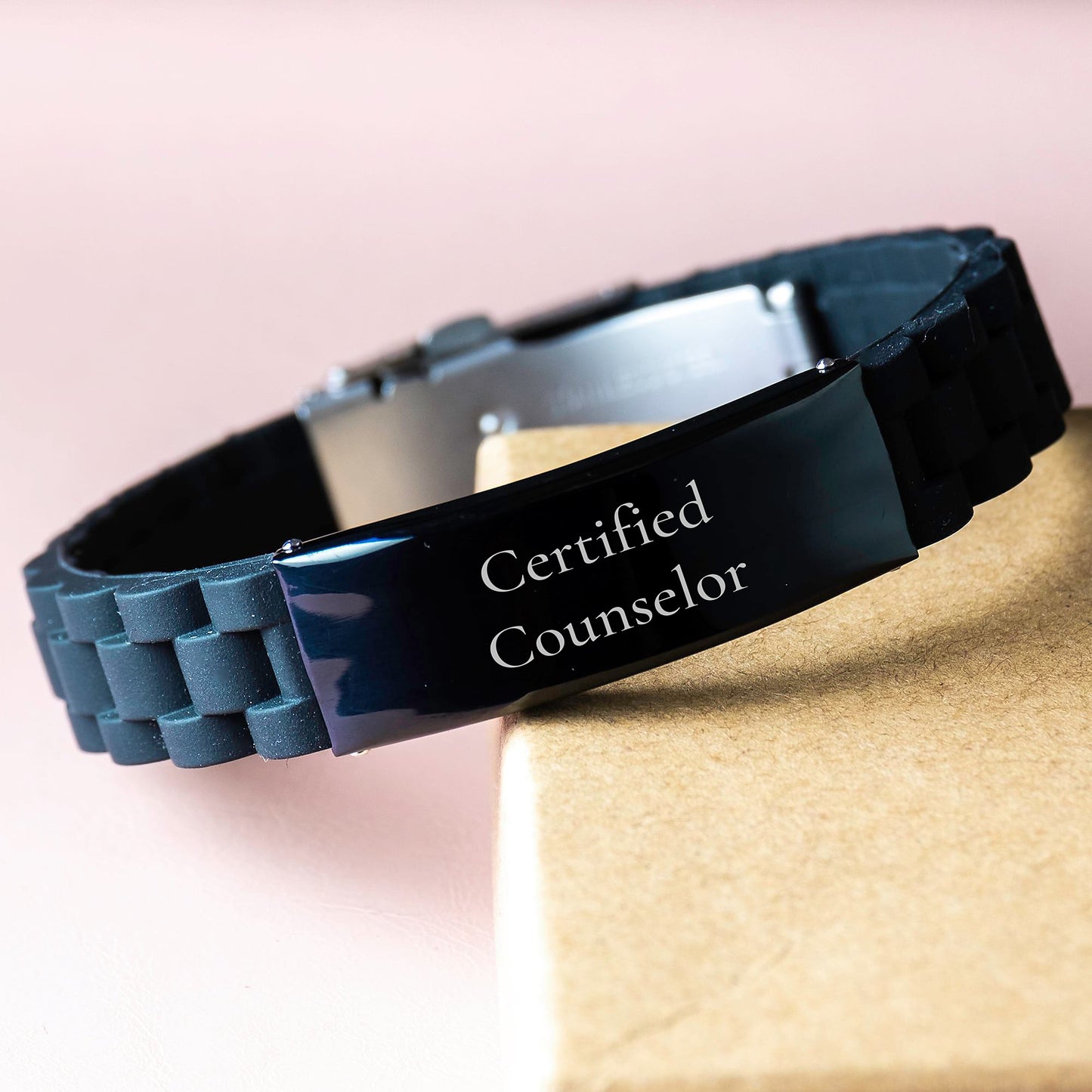 Funny Counselor Gifts - Glide lock Clasp Birthday Present from Friends to Counselor - Certified Counselor Quote, Adjustable Black Stainless Steel Silicone Jewelry - Image 3