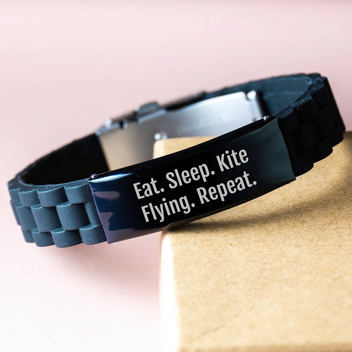 Kite Flying Gifts from Men to Kite Flying Friends, Inspirational Quote Eat. Sleep. Kite Flying. Repeat. Glide lock Clasp Black Stainless Steel Silicone Adjustable Graduation Unique Gifts - Image 3