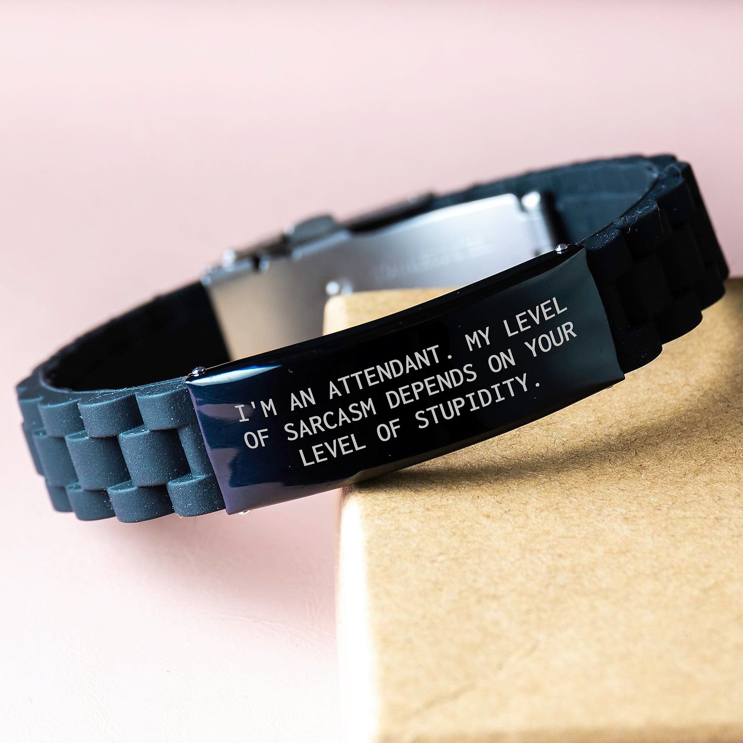 Funny Sarcasm Attendant Gifts - Glide lock Clasp Black Stainless Steel Silicone Adjustable Braclet, Gifts from Men to Attendants for Graduation - Image 3