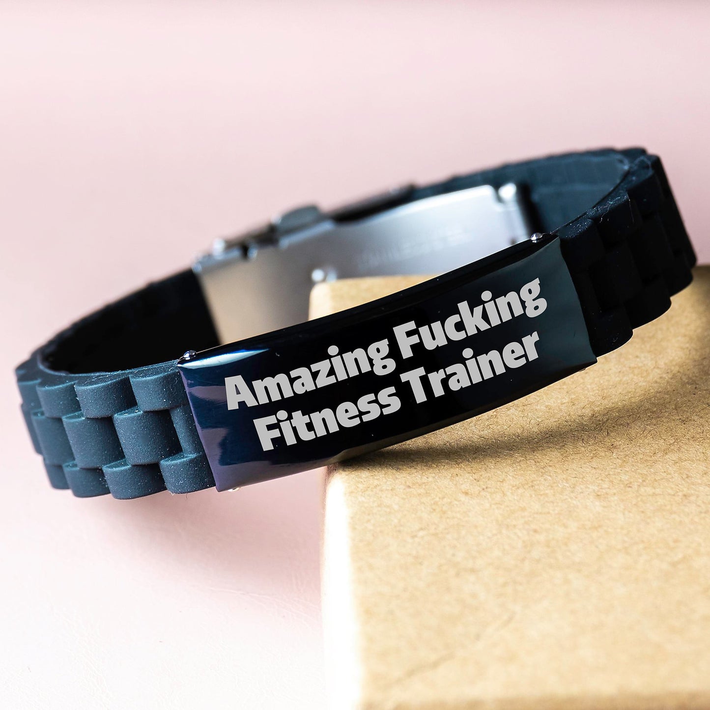 Funny Fitness Trainer Gift, Amazing Glide lock Clasp Birthday Present from Friends for Women, 'Amazing F--king Fitness Trainer' Quote, Adjustable Black Stainless Steel Silicone Wristband - Image 3