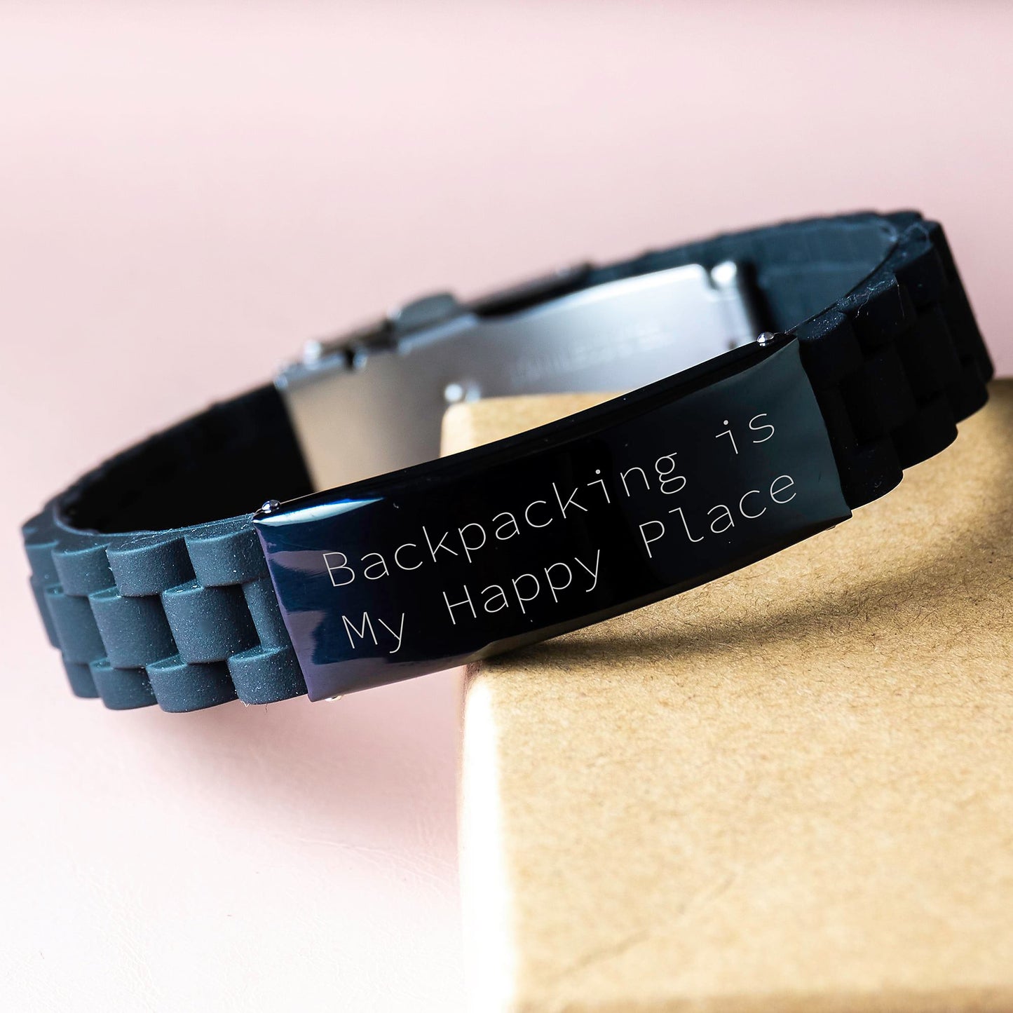 Backpacking Adventure Gifts from Friends for Men Birthday Unique Glide lock Clasp Bracelet, 'Backpacking Is My Happy Place' Quote, Adjustable Black Stainless Steel - Image 3