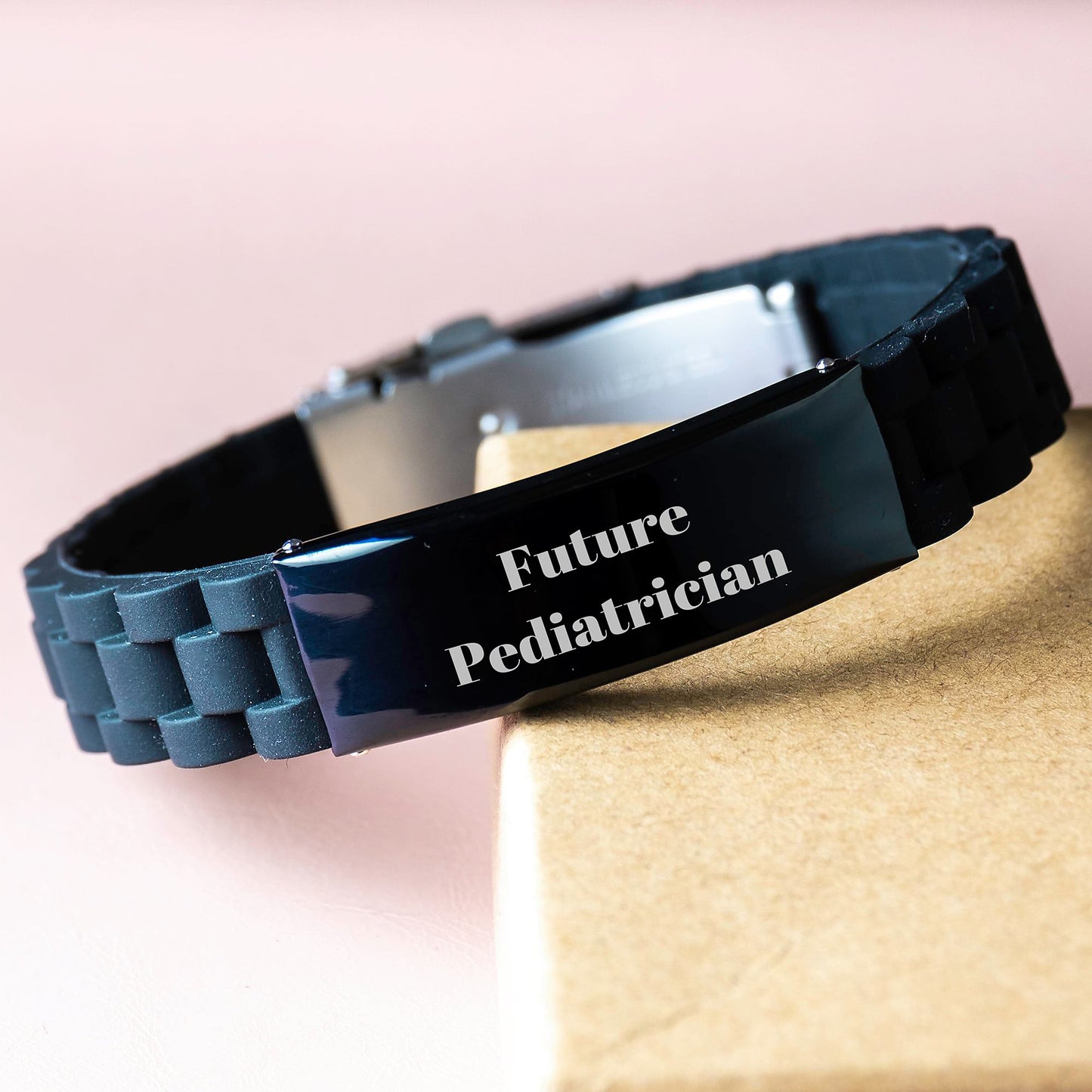 Funny Future Pediatrician Birthday Unique Gift from Friends to Pediatrician - Glide lock Clasp Black Stainless Steel Silicone Adjustable Necklace - Image 3