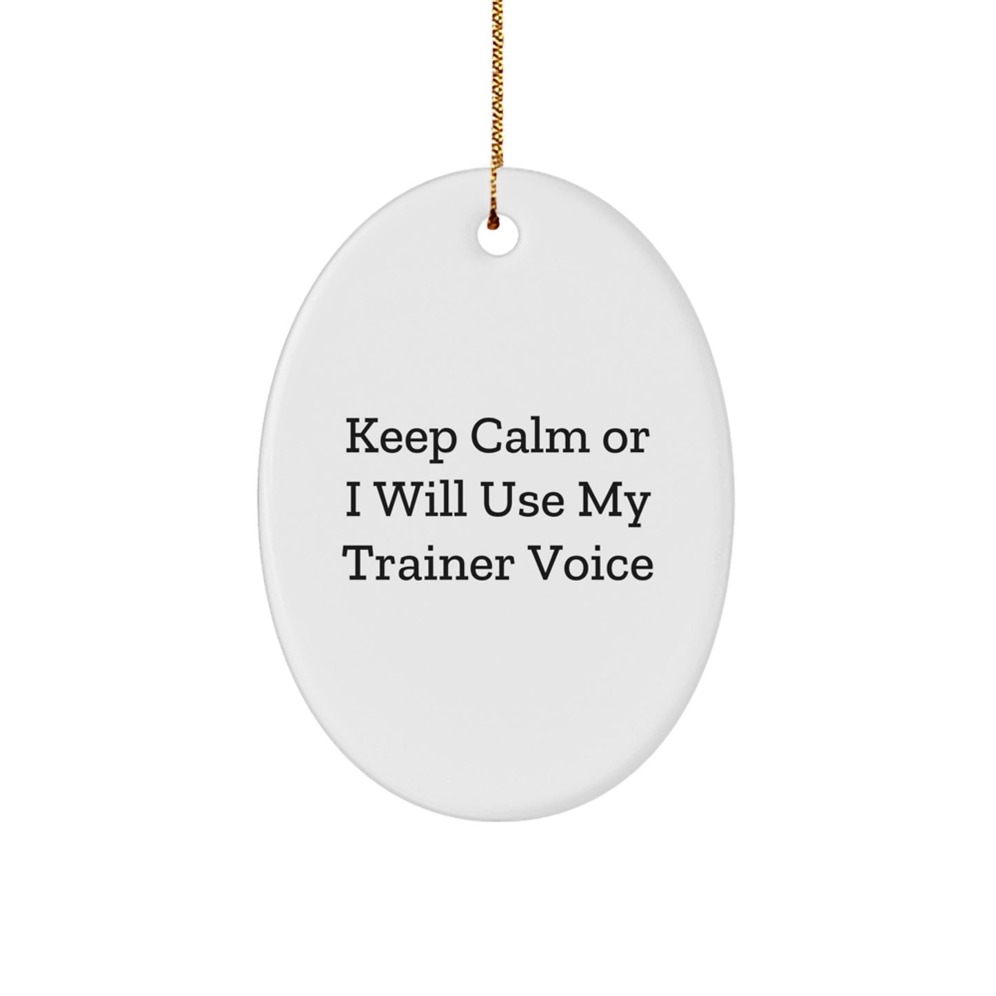 Funny Trainer Gifts from Men to Friends, Oval Ornament for Christmas, Keep Calm 'I Will Use My Trainer Voice' - Image 1