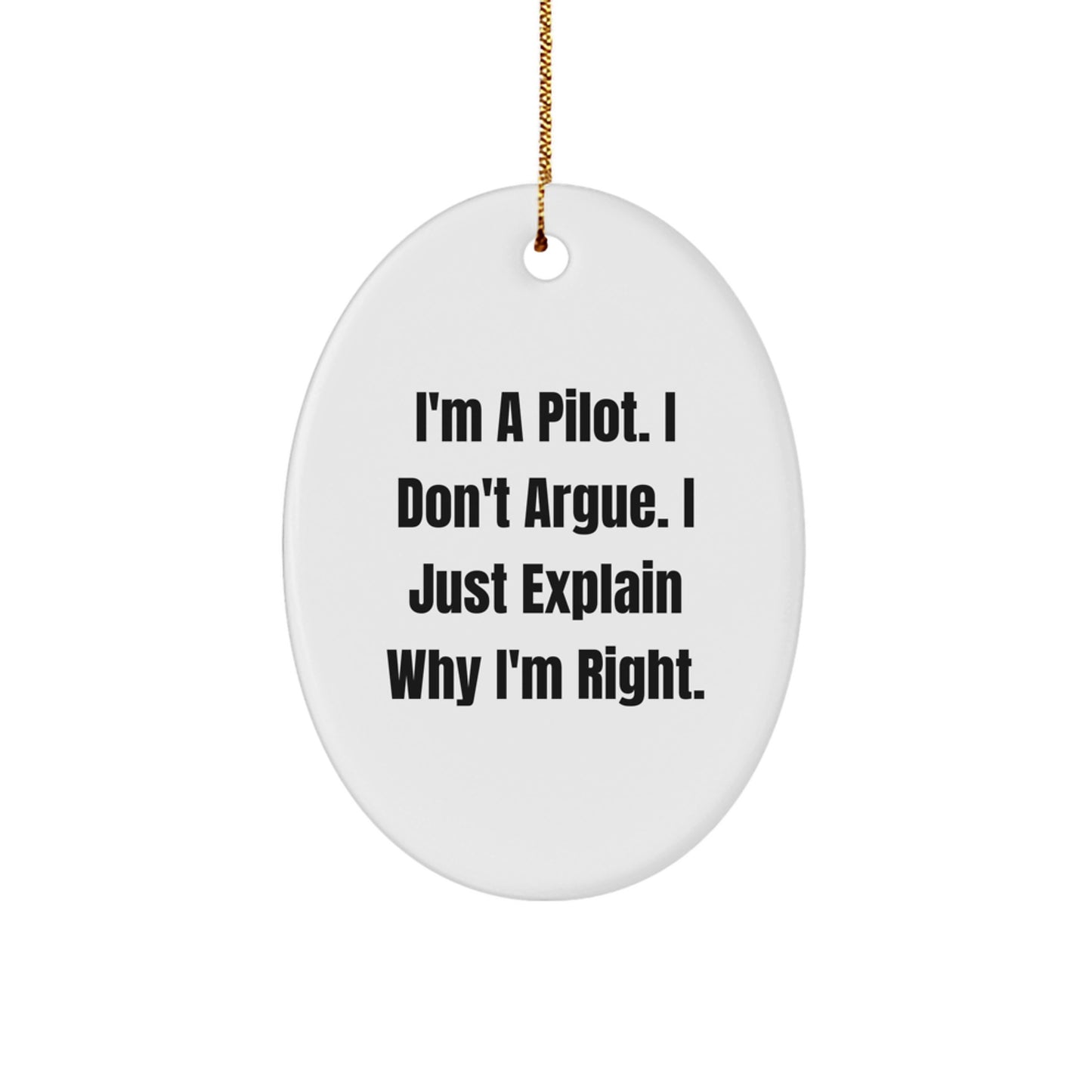 Funny Pilot Gifts for Him, Oval Ornament with 'I'm A Pilot. I Don't Argue. I Just Explain Why I'm Right.' Quote Gifts from Family, Christmas Unique Gifts - Image 1