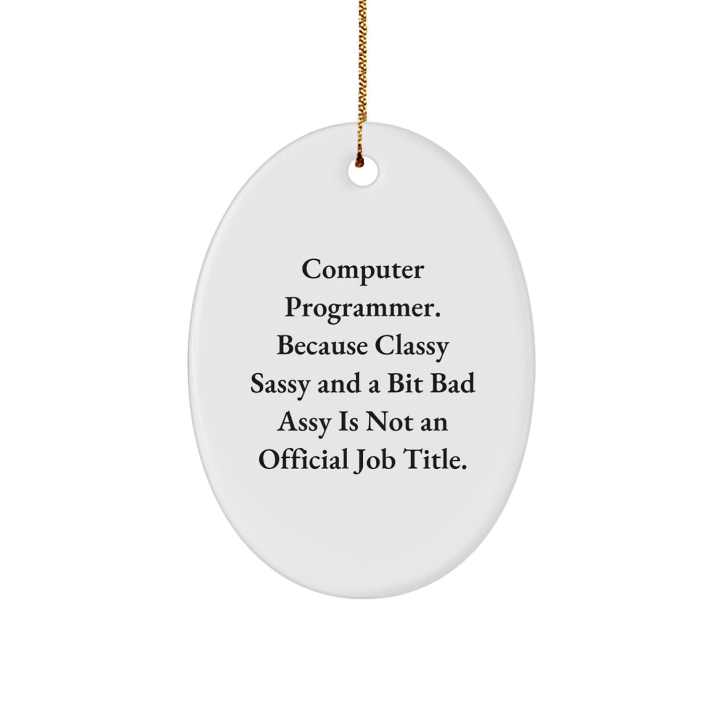 Computer Programmer Oval Ornament, Funny Quote Gifts from Friends for Christmas, 3.25'' x 1/8'' MDF White Oval Shaped with Gold Cord - Image 1