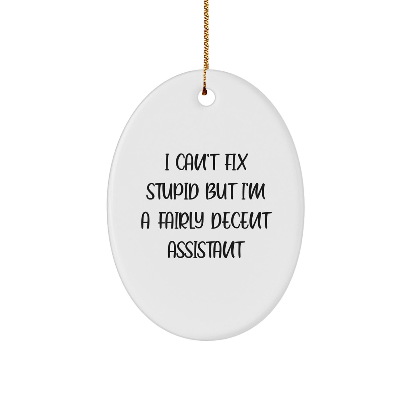 Funny Assistant Oval Ornament with I Can't Fix Stupid But I'm A Fairly Decent Assistant Quote for Gifts from Friends, Coworkers, or Family this Christmas - Image 1